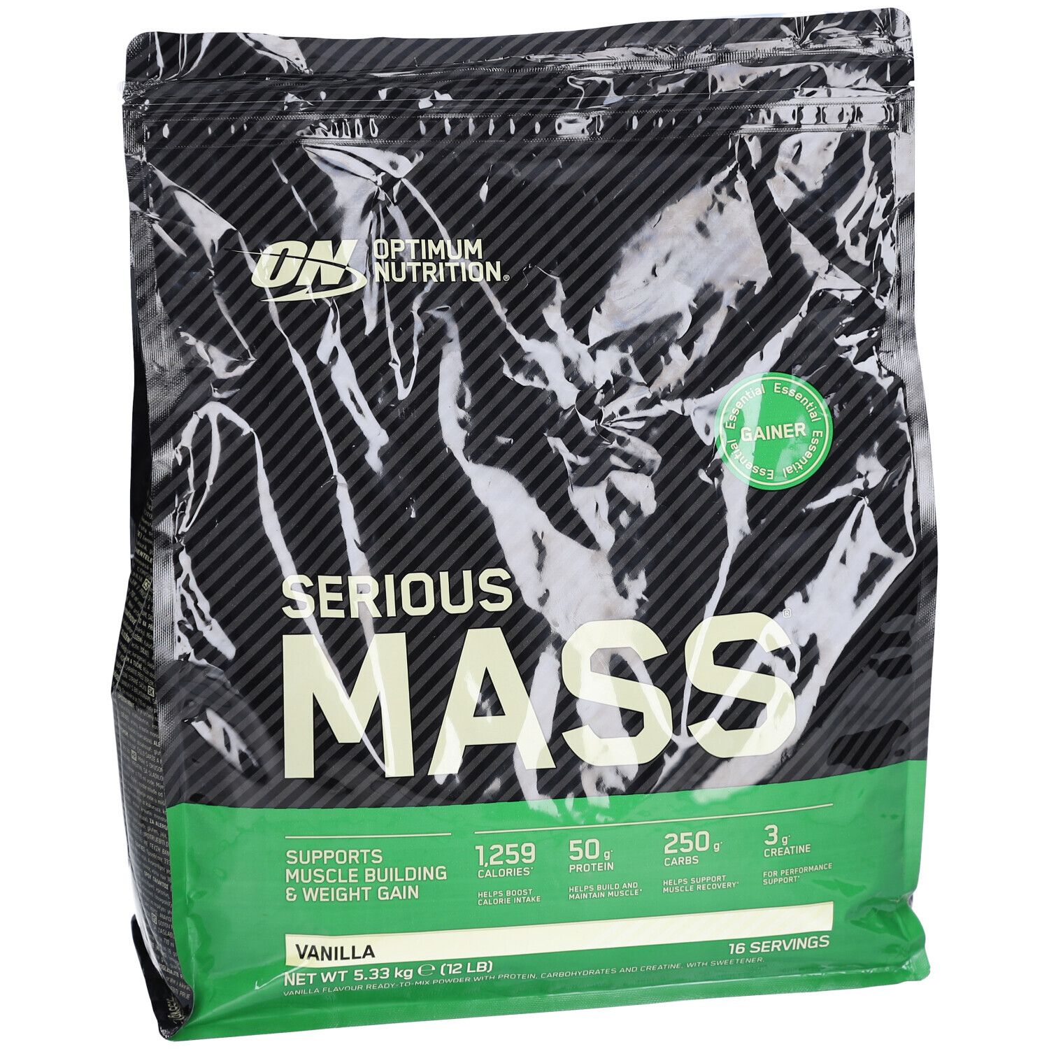 Sac noir "Optimum Nutrition Serious Mass Vanilla". Détails verts et blancs. Contient des informations nutritionnelles et "Gainer".