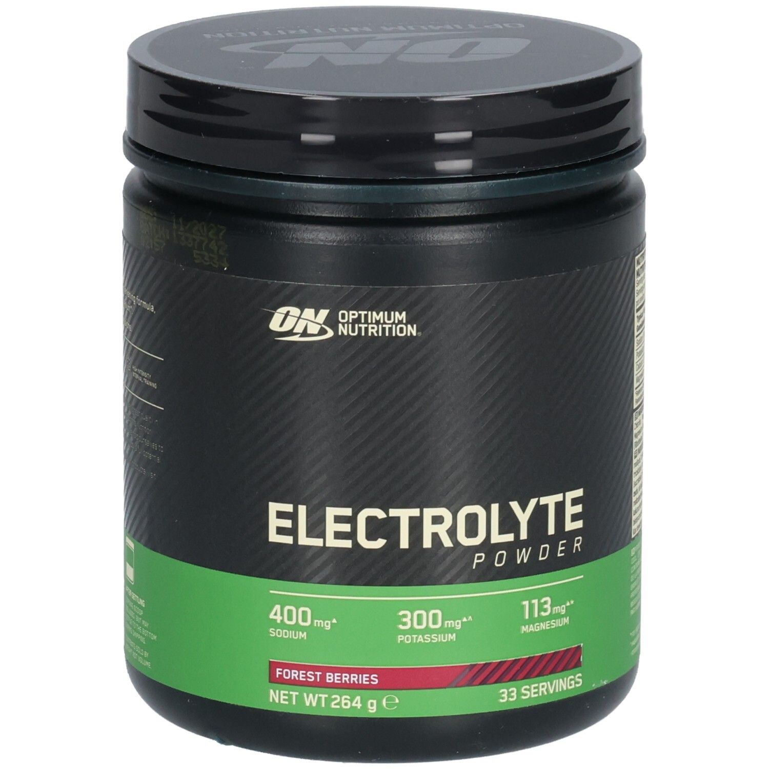 Boîte noire avec étiquette verte. Inscription: Electrolyte Powder, 400mg sodium, 300mg potassium, 113mg magnésium. Fruits des bois. 33 portions.