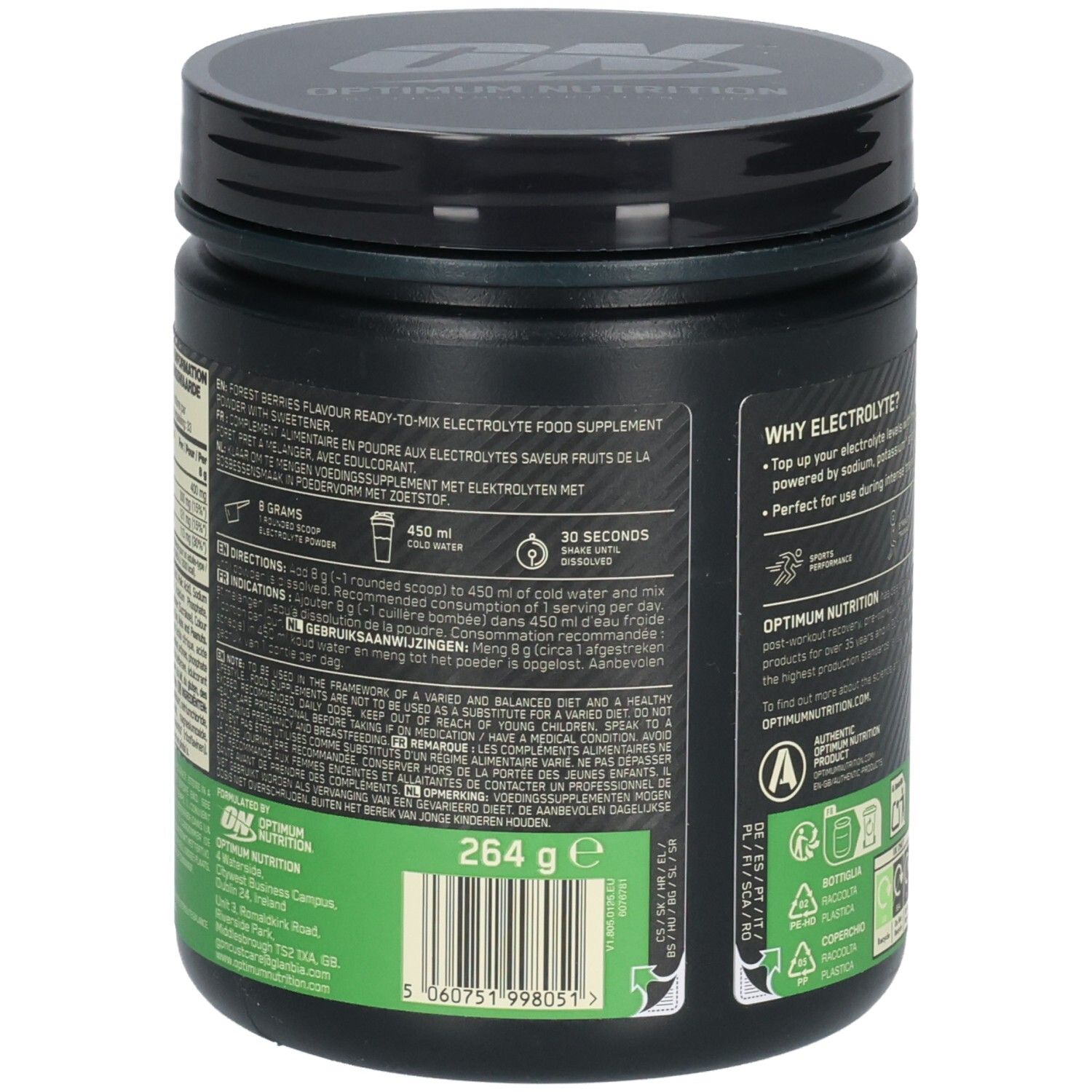 Dos d'une boîte noire avec étiquette verte. Texte: Complément alimentaire électrolyte prêt à mélanger. 264g. Instructions. Optimum Nutrition.