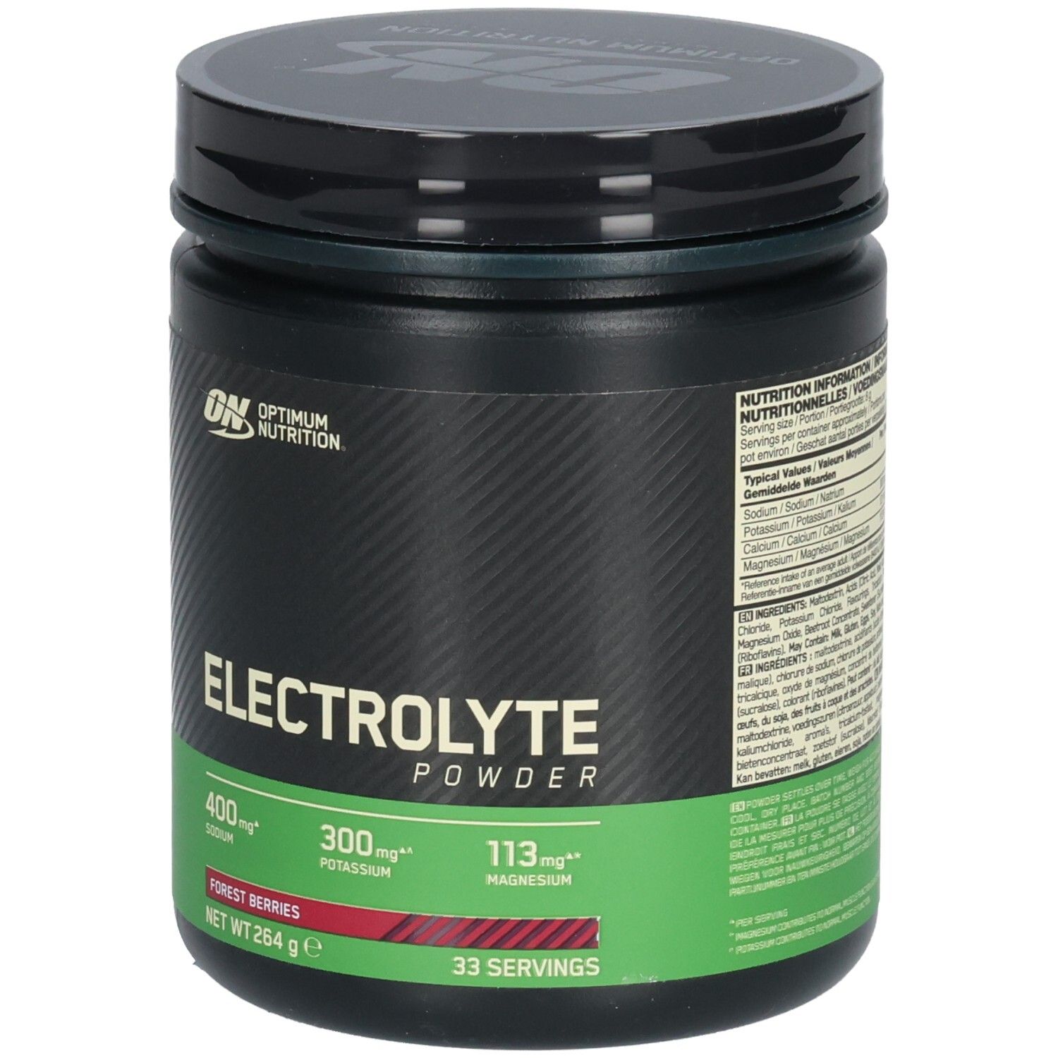 Boîte noire avec étiquette verte. Inscription: Electrolyte Powder, 400mg sodium, 300mg potassium, 113mg magnésium. Fruits des bois. 33 portions.