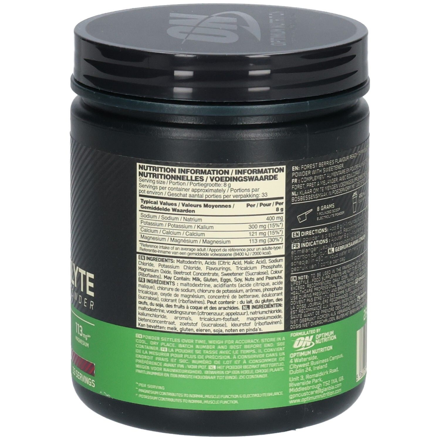 Dos d'une boîte noire avec étiquette verte. Informations nutritionnelles. Liste des ingrédients. Optimum Nutrition.