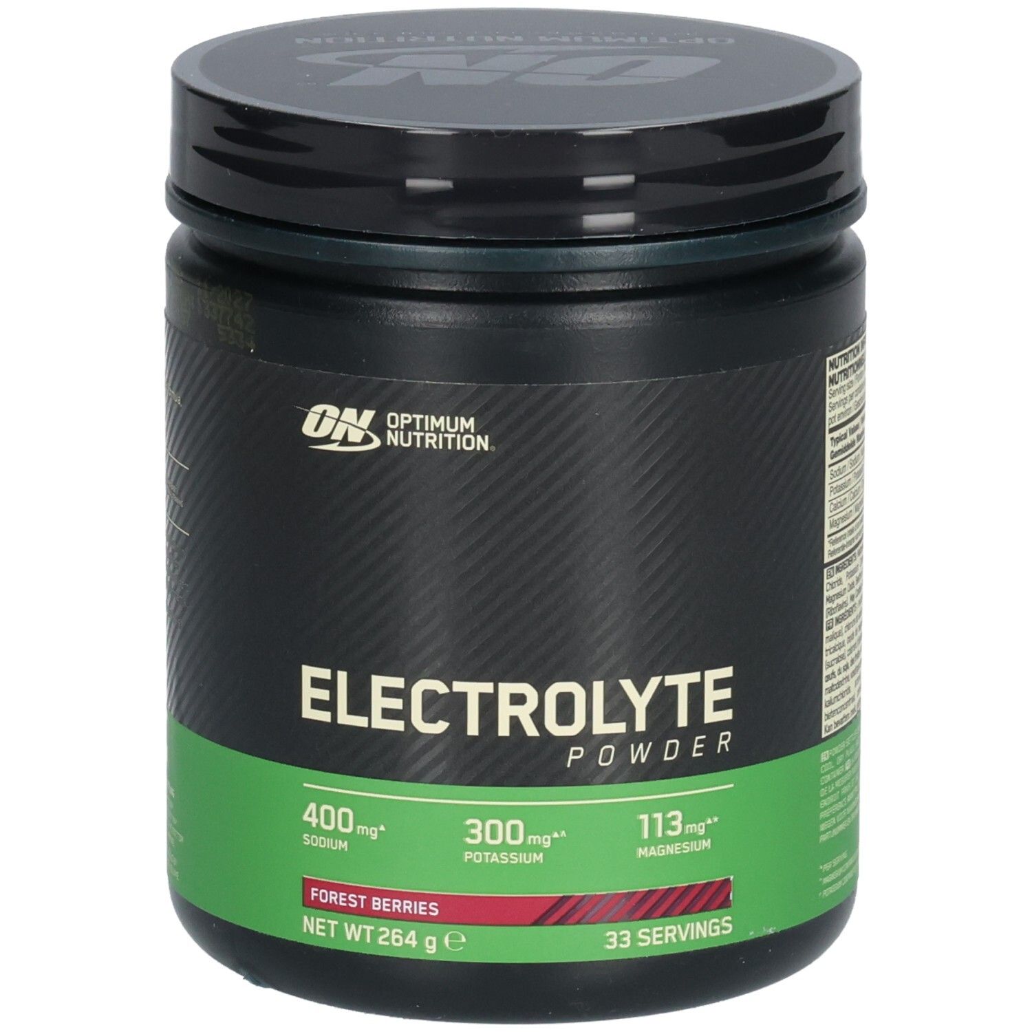 Boîte noire avec étiquette verte. Inscription: Electrolyte Powder, 400mg sodium, 300mg potassium, 113mg magnésium. Fruits des bois. 33 portions.
