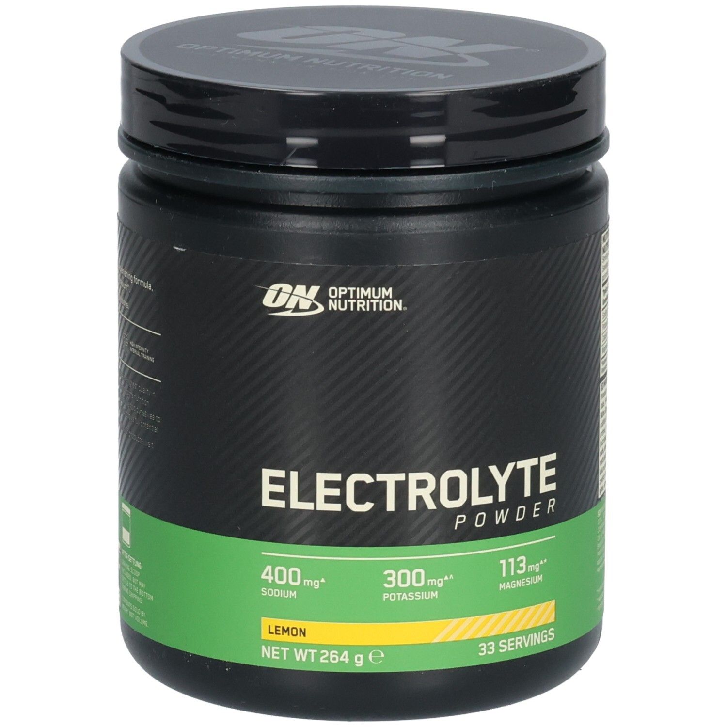 Pot noir avec étiquette verte. Inscription: Electrolyte Powder, Lemon. Marque: Optimum Nutrition. Contient sodium, potassium, magnésium.