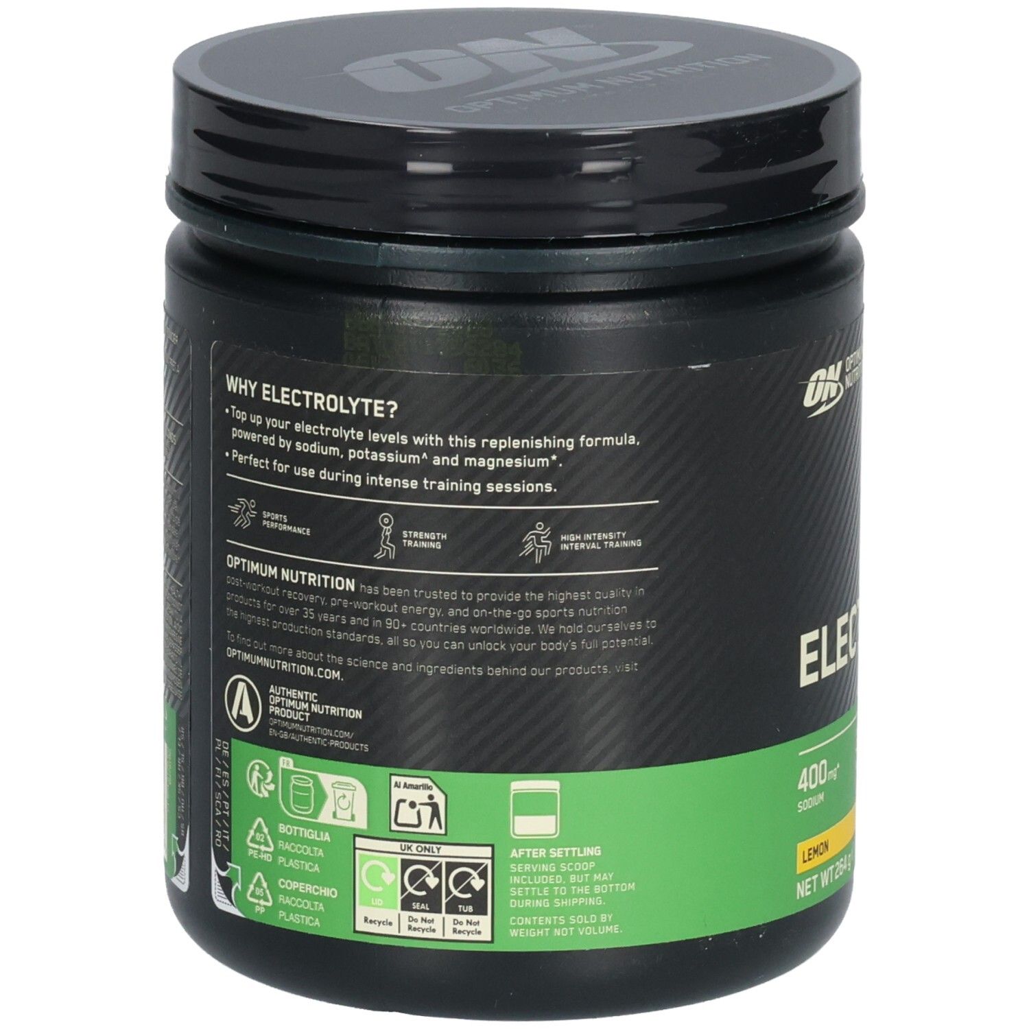 Dos du pot. Texte: Pourquoi électrolyte ? Marque: Optimum Nutrition. Informations sur les ingrédients et symboles de recyclage.