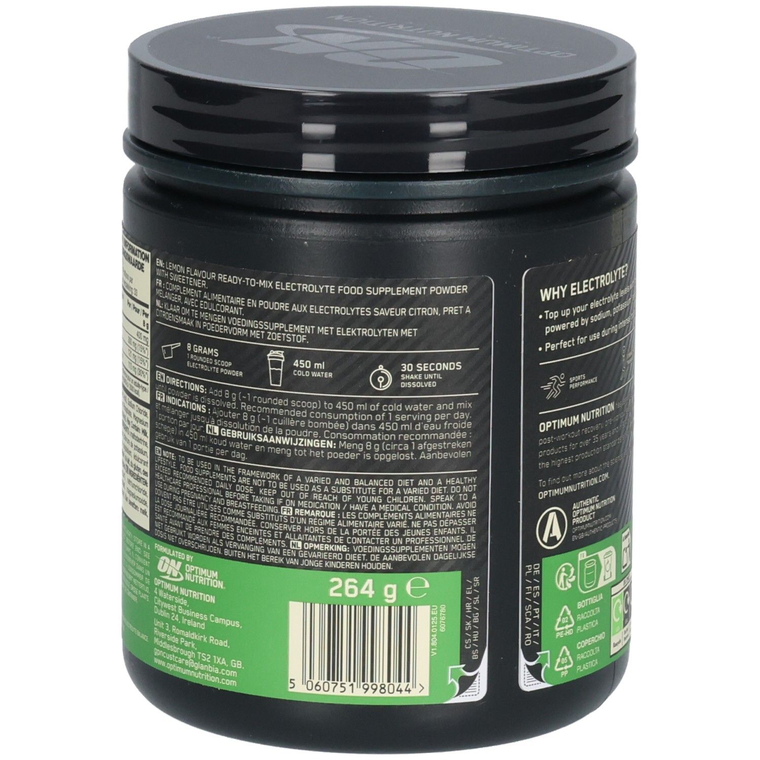 Dos du pot. Texte: Complément alimentaire électrolyte. Marque: Optimum Nutrition. Informations sur les ingrédients et l'utilisation.