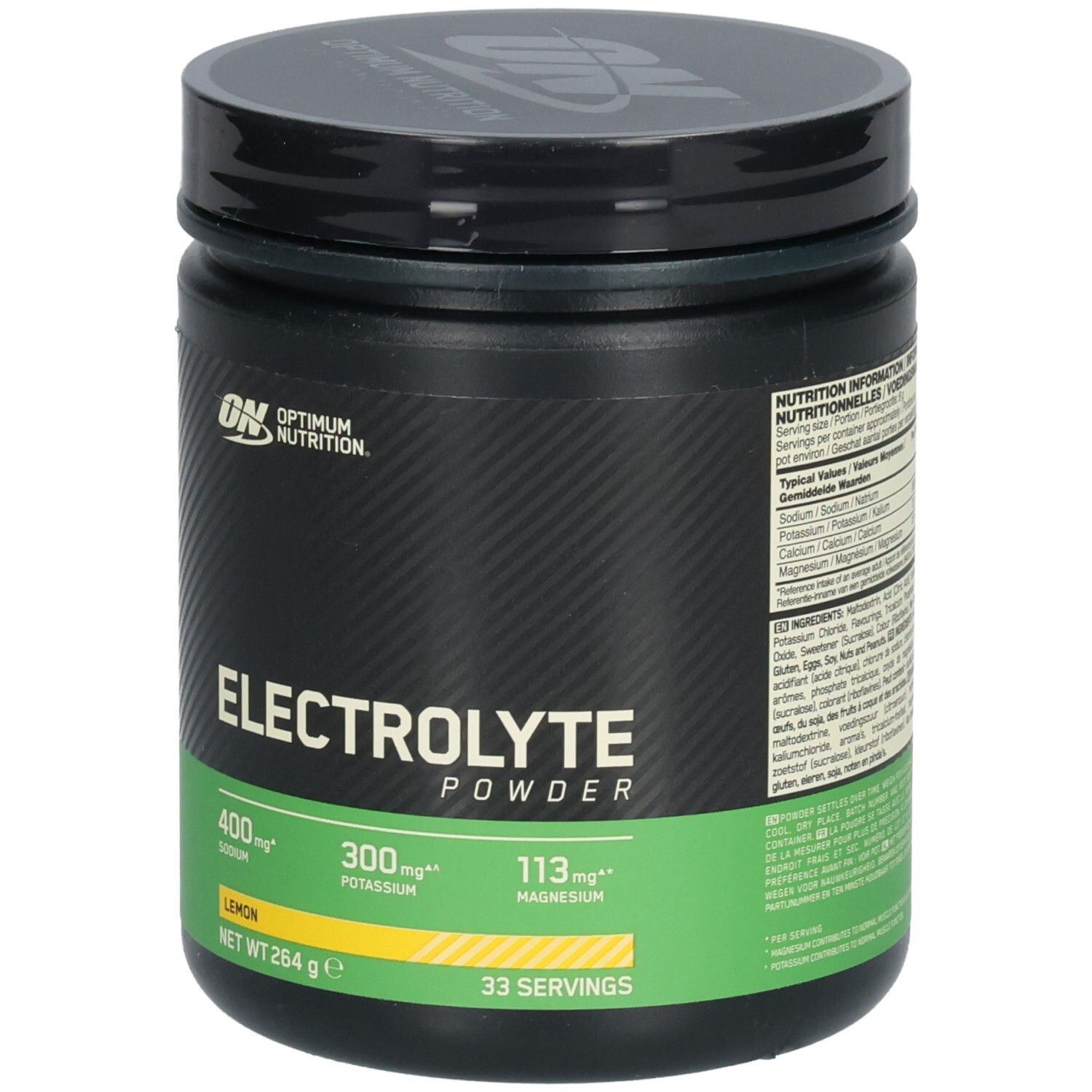 Pot noir avec étiquette verte. Inscription: Electrolyte Powder, Lemon. Marque: Optimum Nutrition. Contient sodium, potassium, magnésium.