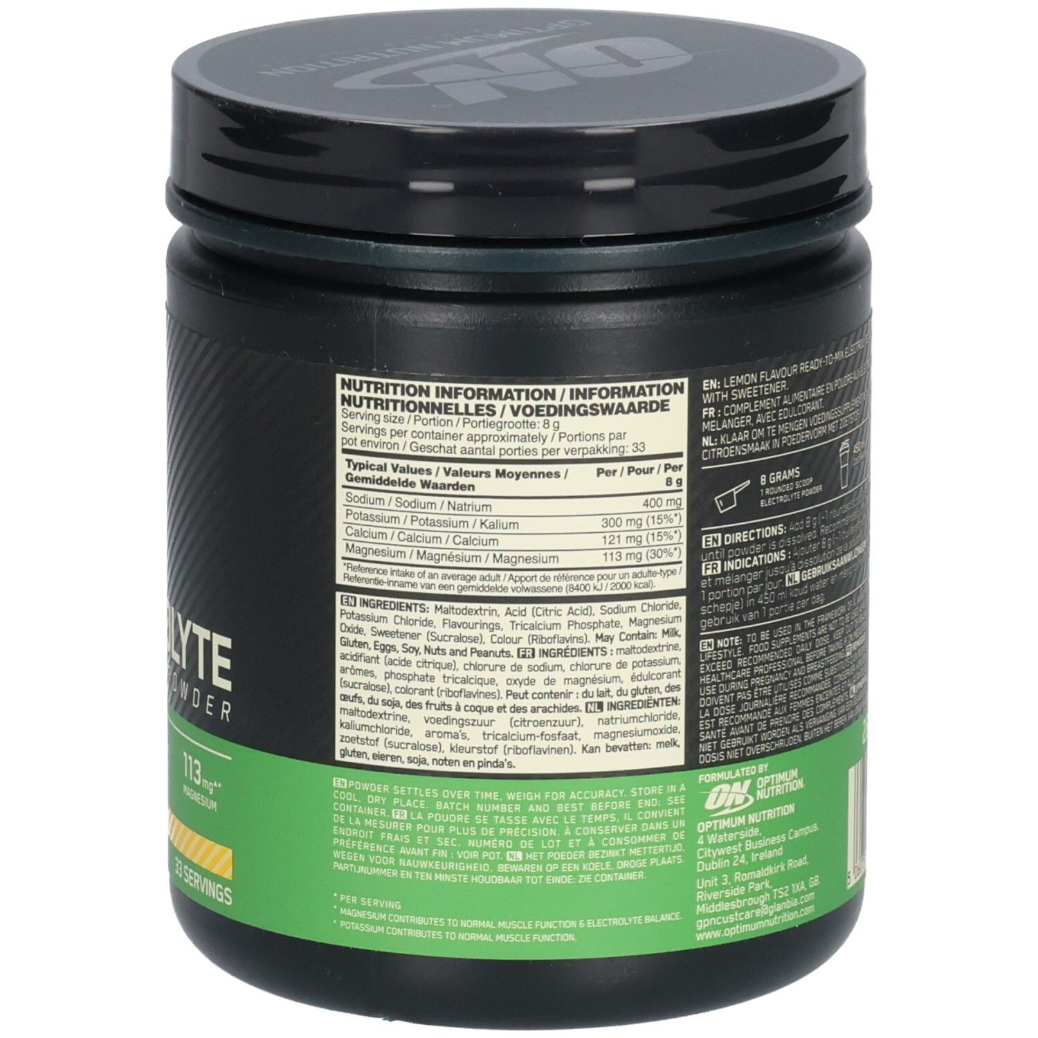 Dos du pot. Informations nutritionnelles. Texte: Electrolyte Powder. Marque: Optimum Nutrition. Ingrédients et instructions d'utilisation.