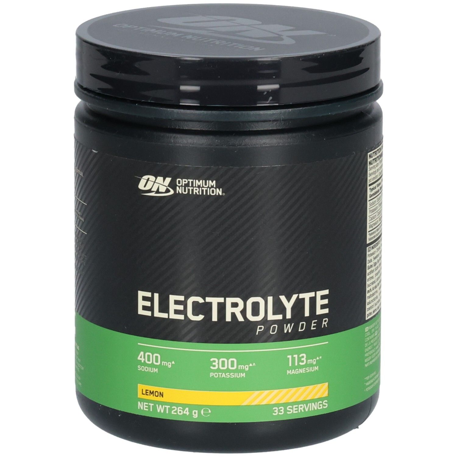 Pot noir avec étiquette verte. Inscription: Electrolyte Powder, Lemon. Marque: Optimum Nutrition. Contient sodium, potassium, magnésium.