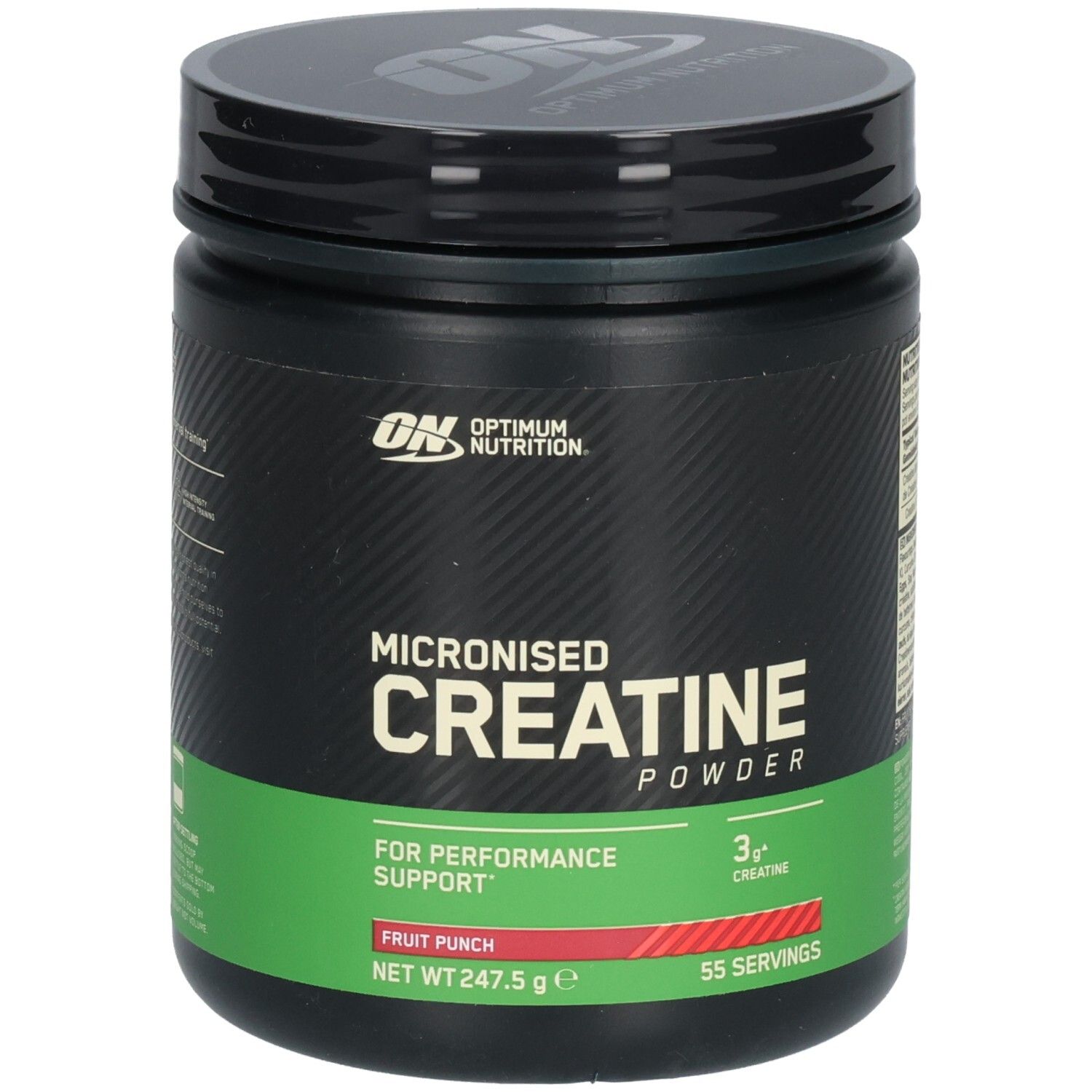 Pot noir avec couvercle. Inscription: Micronised Creatine Powder, Fruit Punch, 55 portions. Marque: Optimum Nutrition.