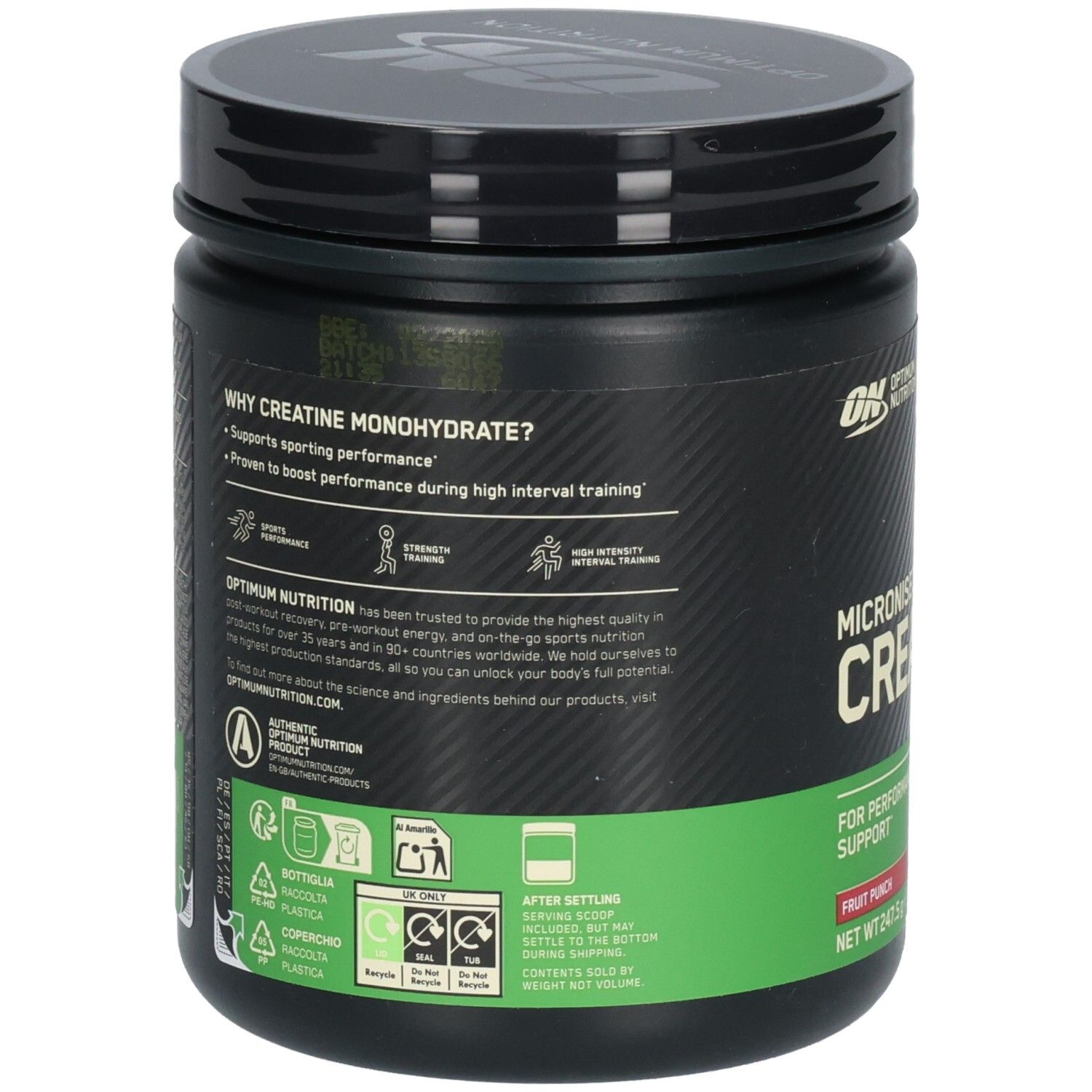Dos du pot. Texte: Pourquoi la créatine monohydrate ? Soutient la performance sportive. Marque: Optimum Nutrition. Symboles de recyclage.