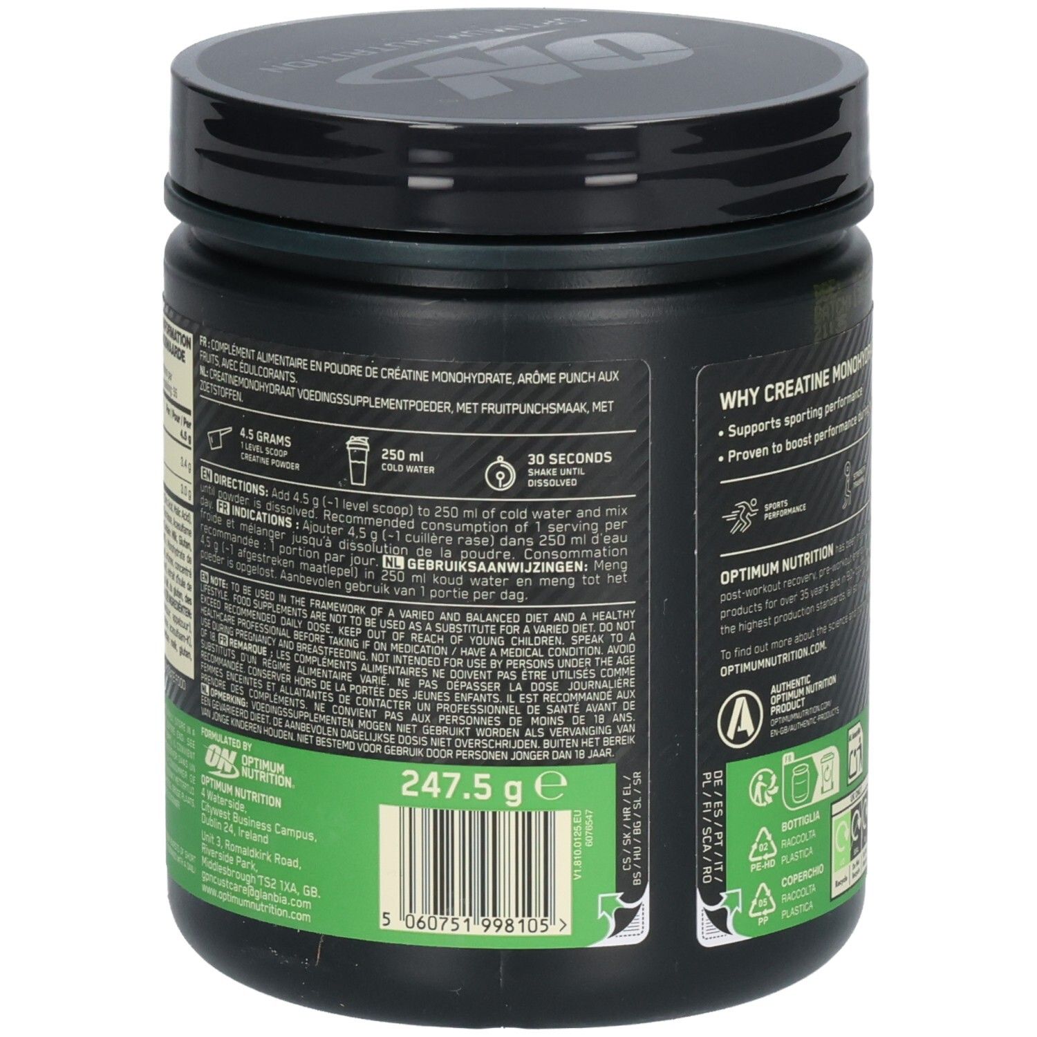 Dos du pot. Texte: Ingrédients, dosage, mode d'emploi. Marque: Optimum Nutrition. Poids: 247,5 g. Code-barres.