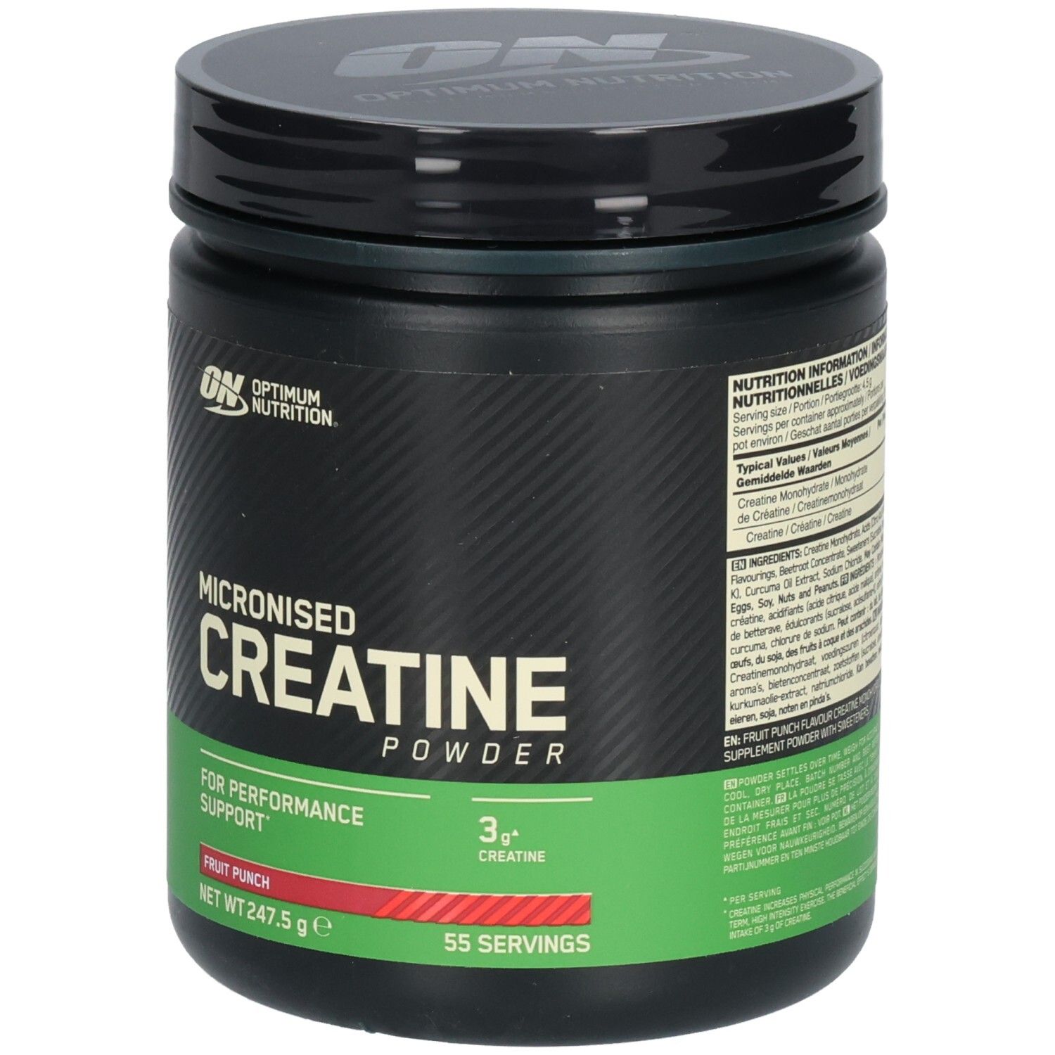 Pot noir avec couvercle. Inscription: Micronised Creatine Powder, Fruit Punch, 55 portions. Marque: Optimum Nutrition.