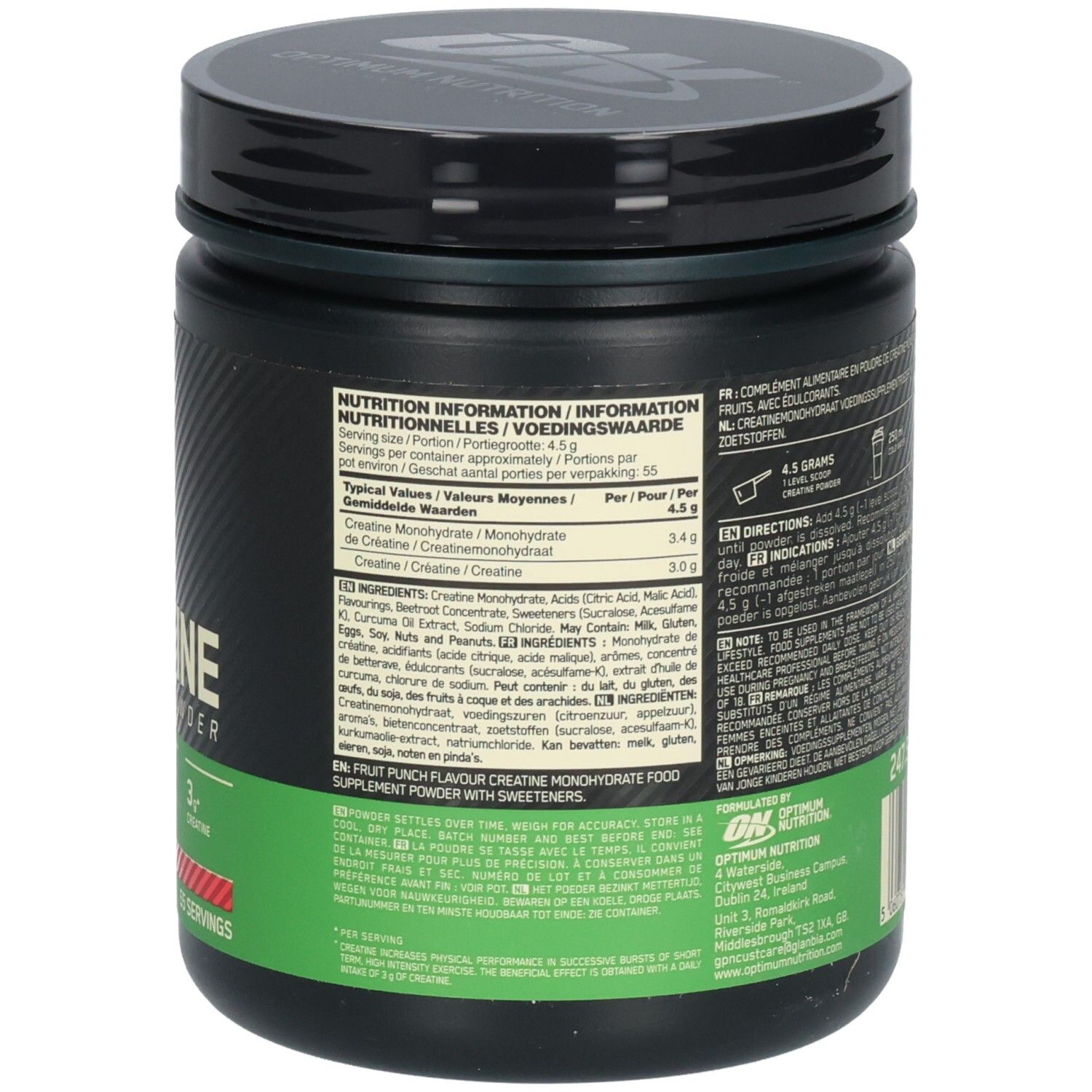 Dos du pot. Texte: Informations nutritionnelles, ingrédients, dosage. Marque: Optimum Nutrition. Goût Fruit Punch.