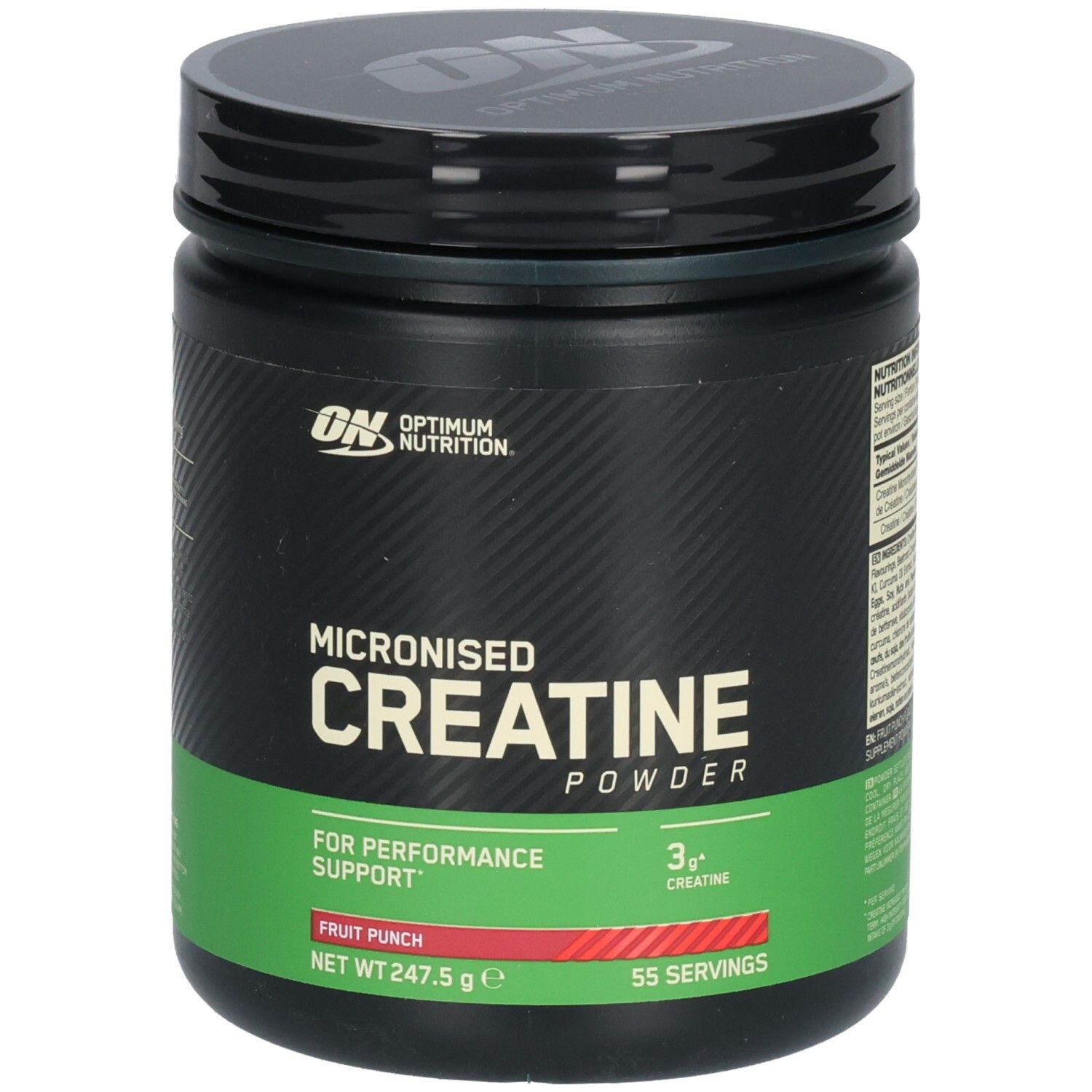 Pot noir avec couvercle. Inscription: Micronised Creatine Powder, Fruit Punch, 55 portions. Marque: Optimum Nutrition.