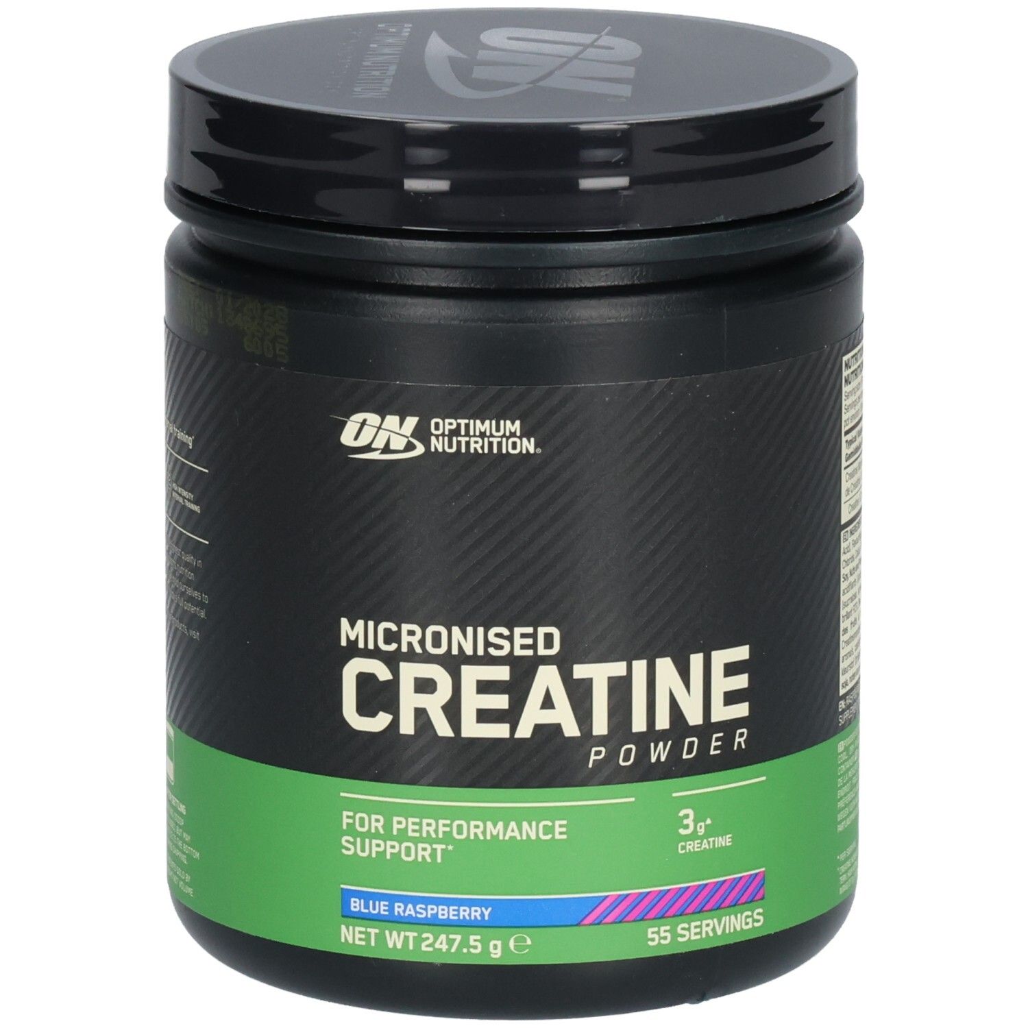 Pot noir avec "Optimum Nutrition" et "Micronised Creatine Powder". Bande verte et bleue avec informations produit.