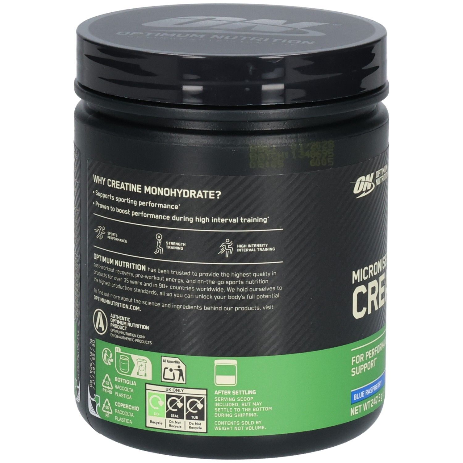 Dos du pot noir. Texte sur la créatine monohydrate et logos. Bande verte et bleue avec informations produit.
