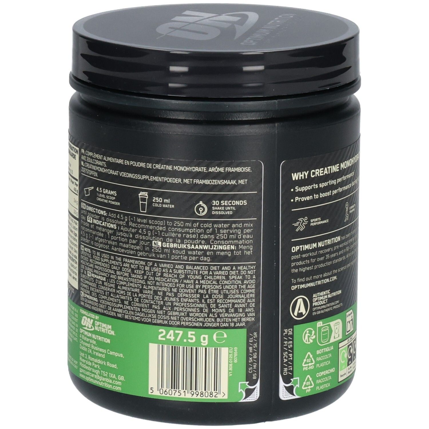 Dos du pot noir. Texte avec instructions de dosage et informations nutritionnelles. Bande verte et bleue.