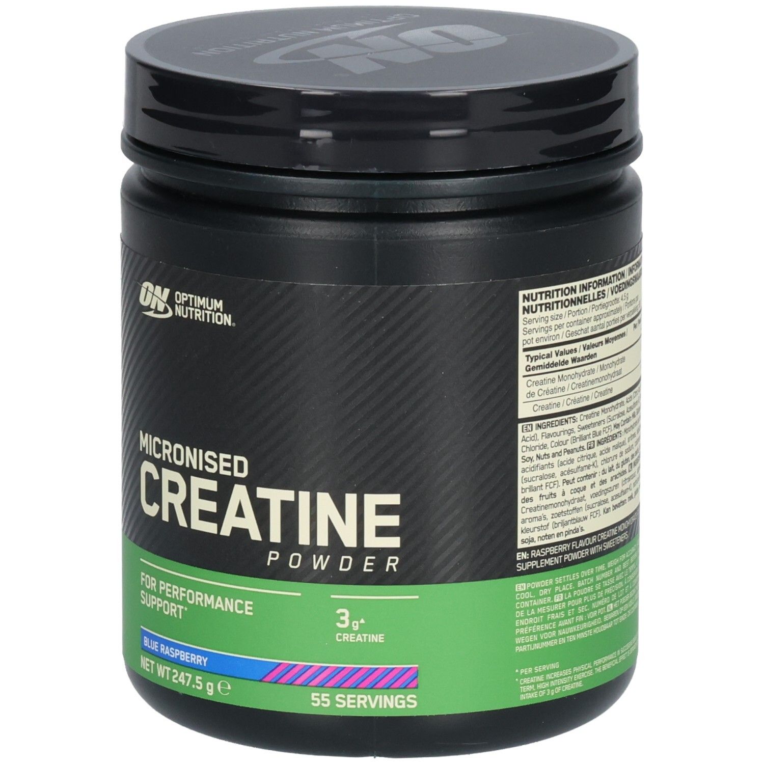 Pot noir avec "Optimum Nutrition" et "Micronised Creatine Powder". Bande verte et bleue avec informations produit.