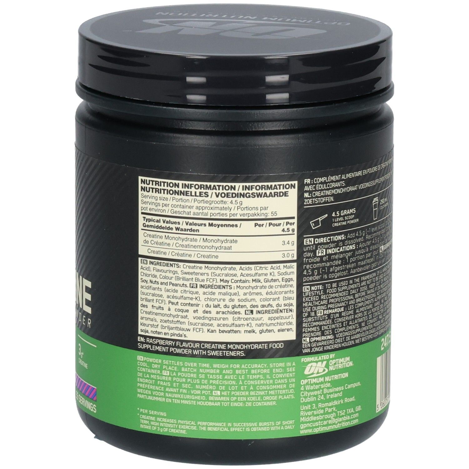 Dos du pot noir. Informations nutritionnelles et liste des ingrédients. Bande verte et bleue avec informations produit.