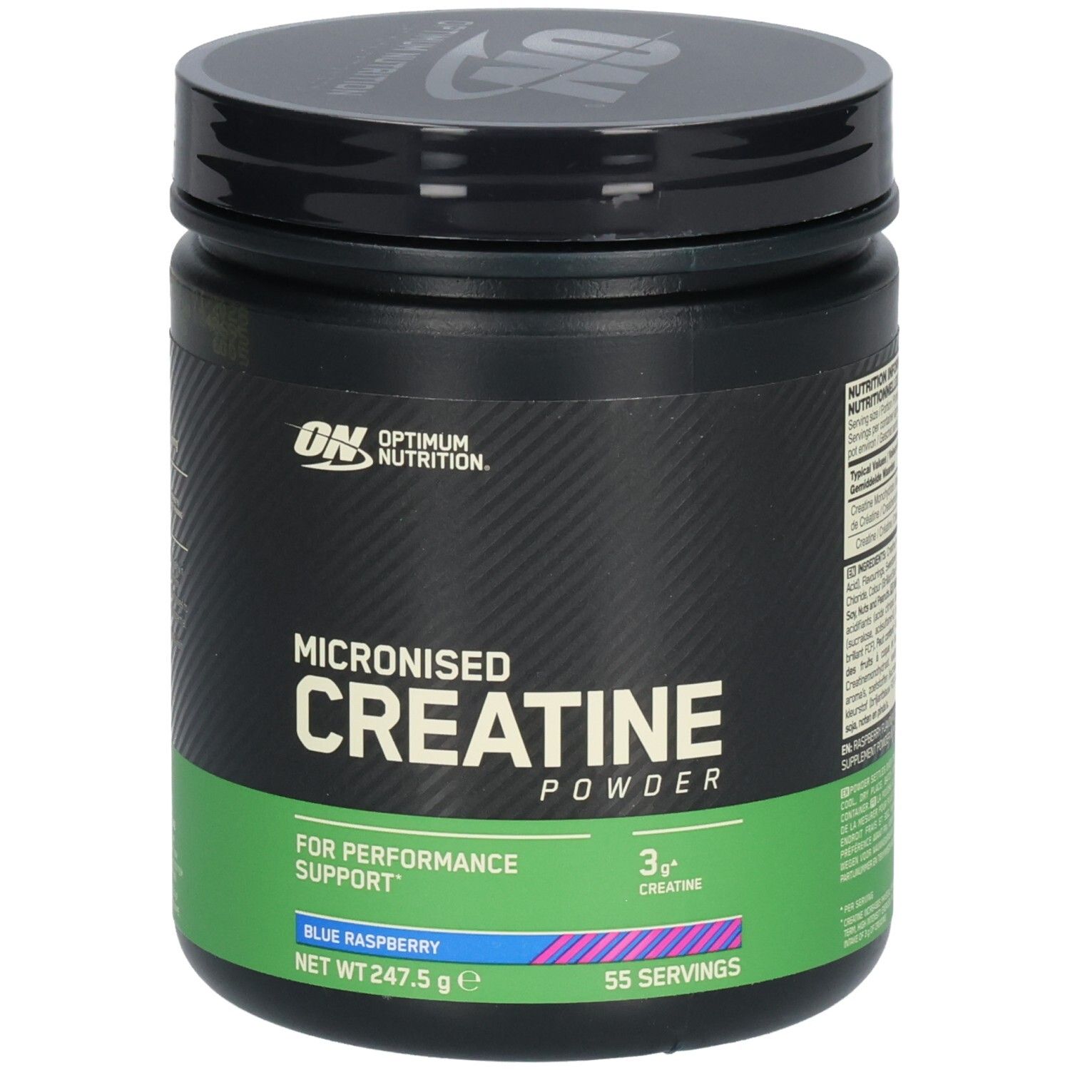 Pot noir avec "Optimum Nutrition" et "Micronised Creatine Powder". Bande verte et bleue avec informations produit.