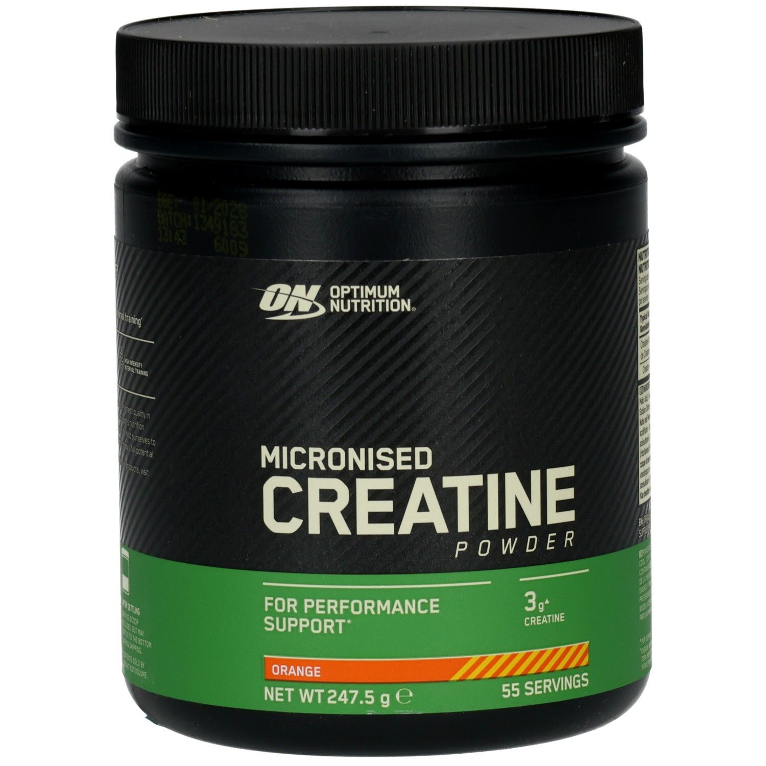 Pot noir avec étiquette orange. Inscription : Micronised Creatine Powder. Marque : Optimum Nutrition. 247,5 g.