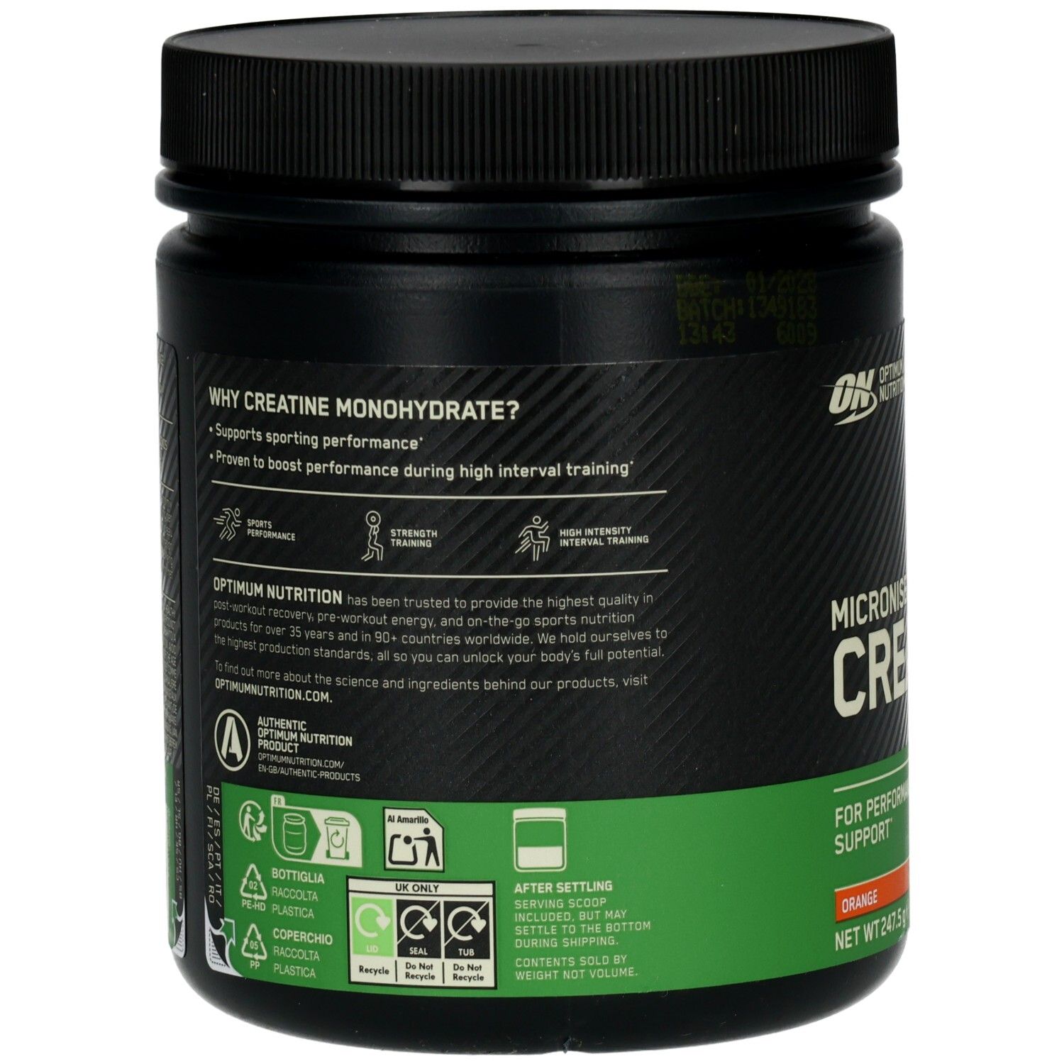 Dos du pot noir. Texte : Pourquoi la créatine monohydrate ? Soutient la performance sportive. Marque : Optimum Nutrition.