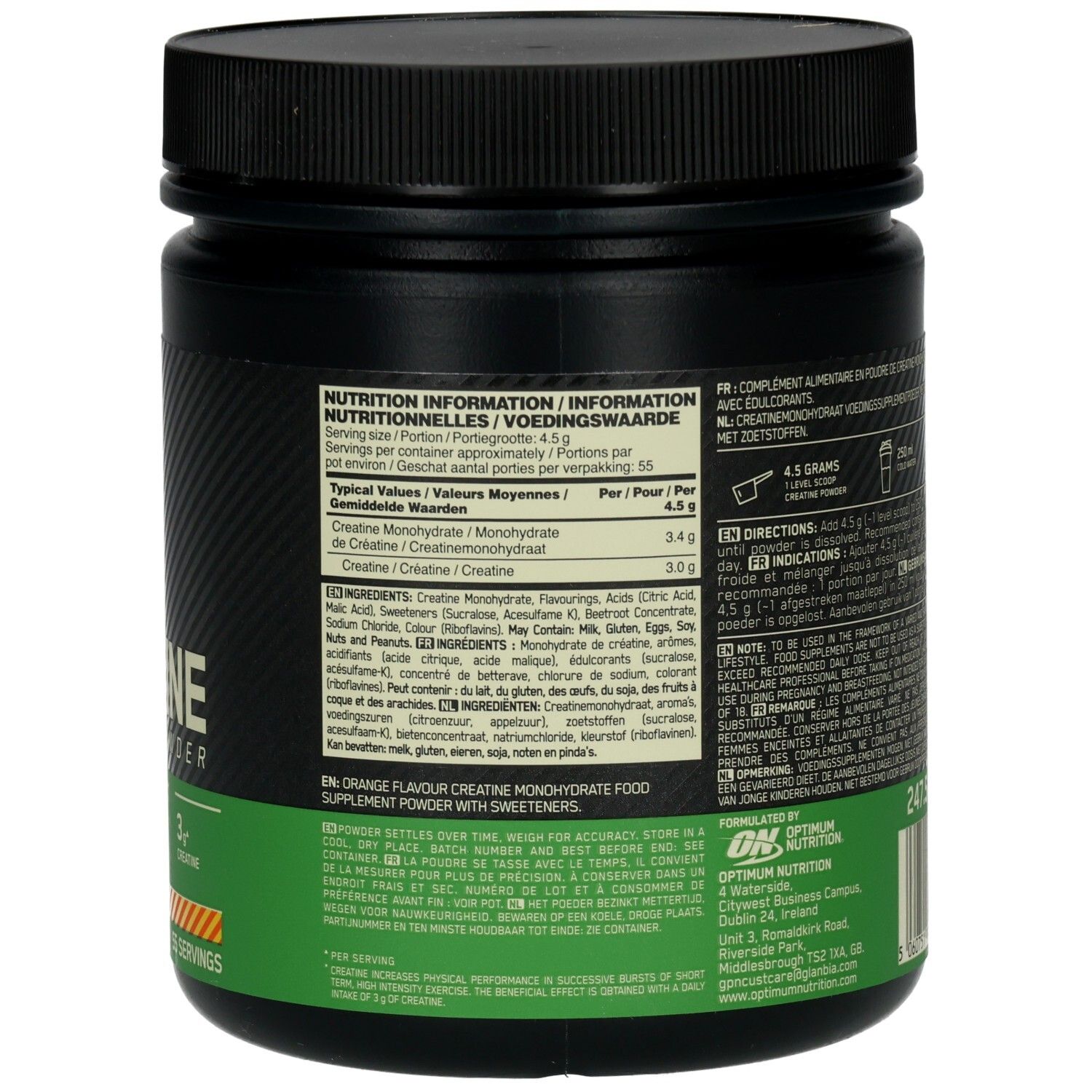 Dos du pot noir. Texte : Informations nutritionnelles. Ingrédients : Créatine monohydrate. Marque : Optimum Nutrition. 247,5 g.