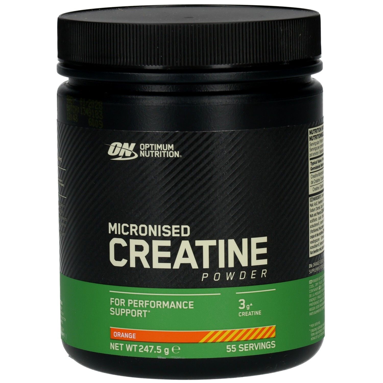 Pot noir avec étiquette orange. Inscription : Micronised Creatine Powder. Marque : Optimum Nutrition. 247,5 g. 55 portions.