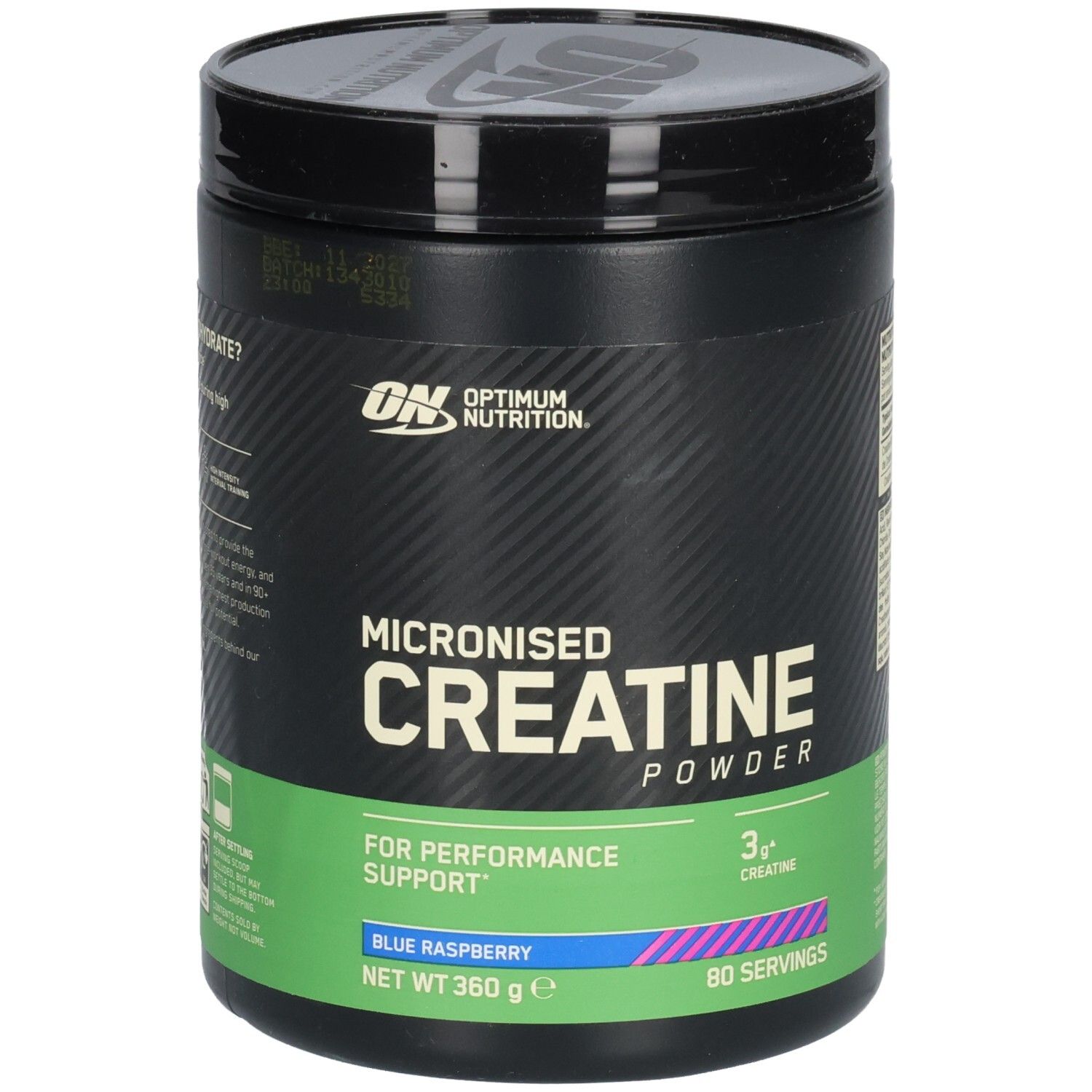 Pot noir avec logo ON et texte: Micronised Creatine Powder, Blue Raspberry. 360g, 80 portions.