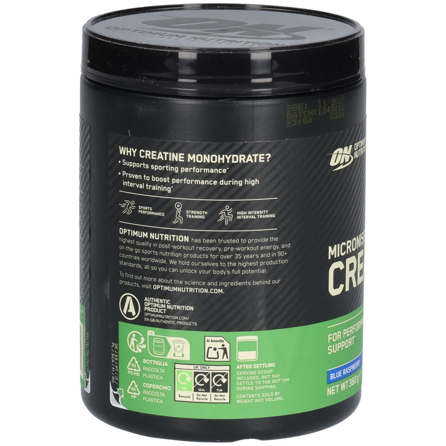 Dos du pot noir. Texte: Pourquoi la créatine monohydrate ? Soutient la performance sportive.