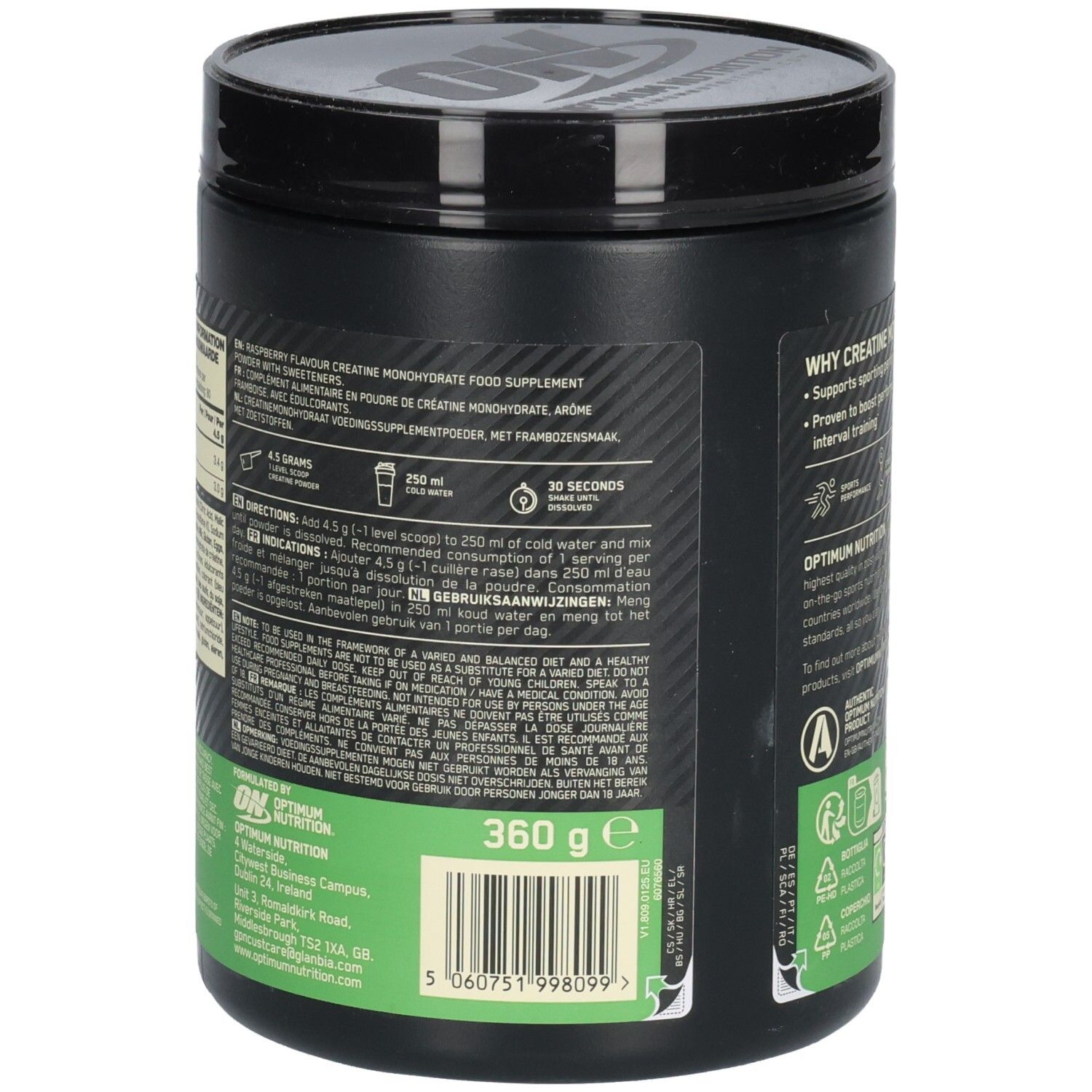 Dos du pot avec texte: Arôme framboise, créatine monohydrate, 360g, mode d'emploi.