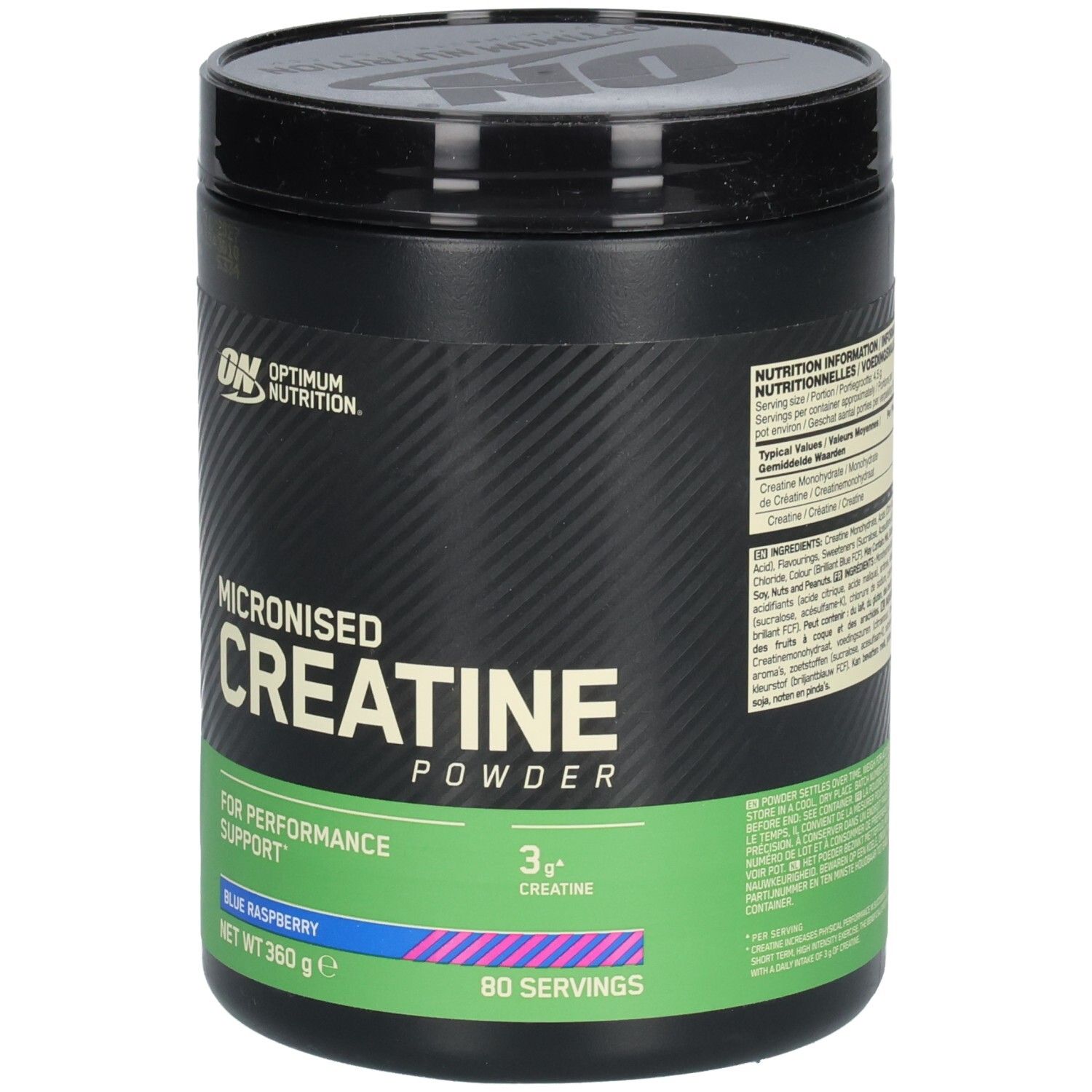 Pot noir avec logo ON et texte: Micronised Creatine Powder, Blue Raspberry. 360g, 80 portions.