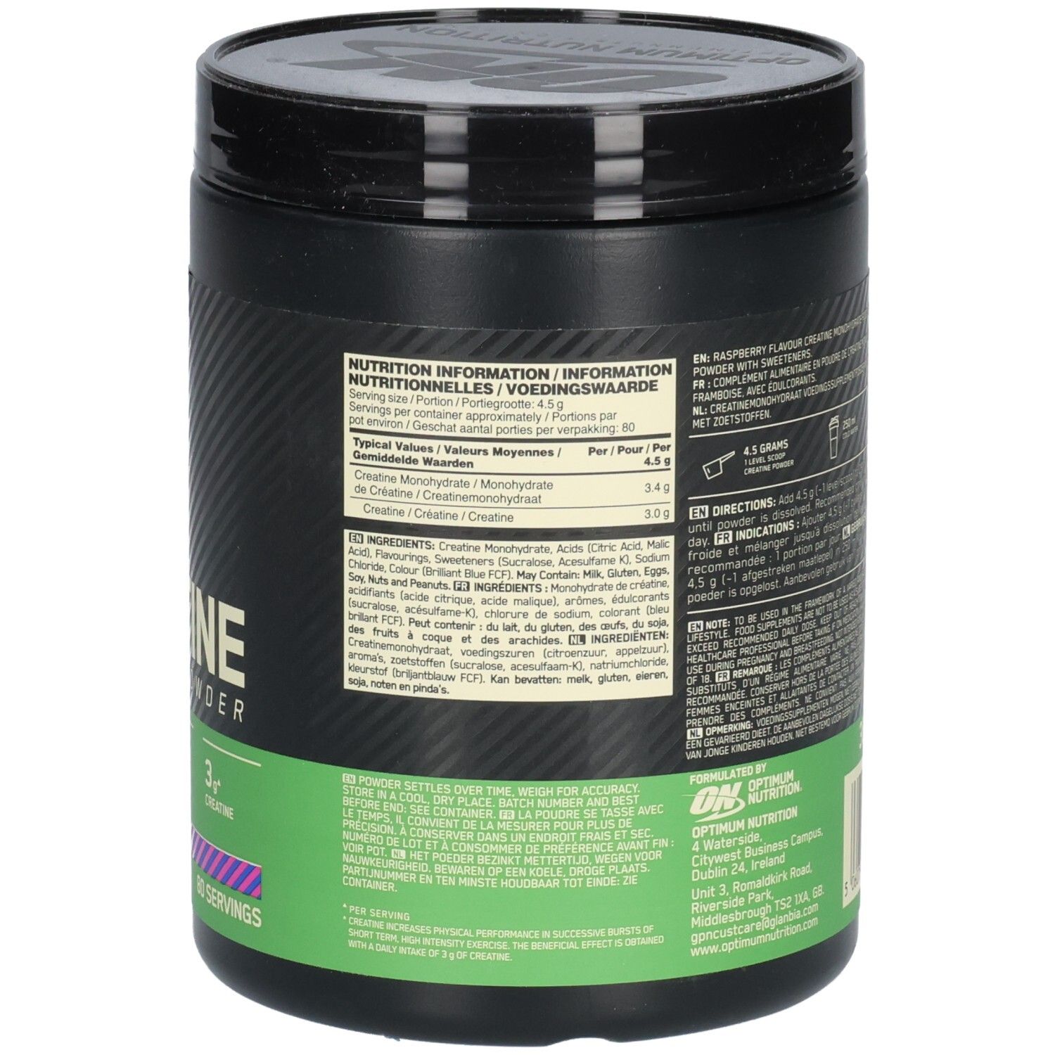 Dos du pot avec texte: Informations nutritionnelles, ingrédients, arôme framboise, 360g, 80 portions.