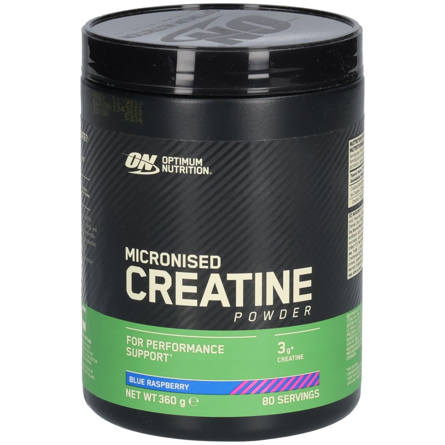 Pot noir avec logo ON et texte: Micronised Creatine Powder, Blue Raspberry. 360g, 80 portions.