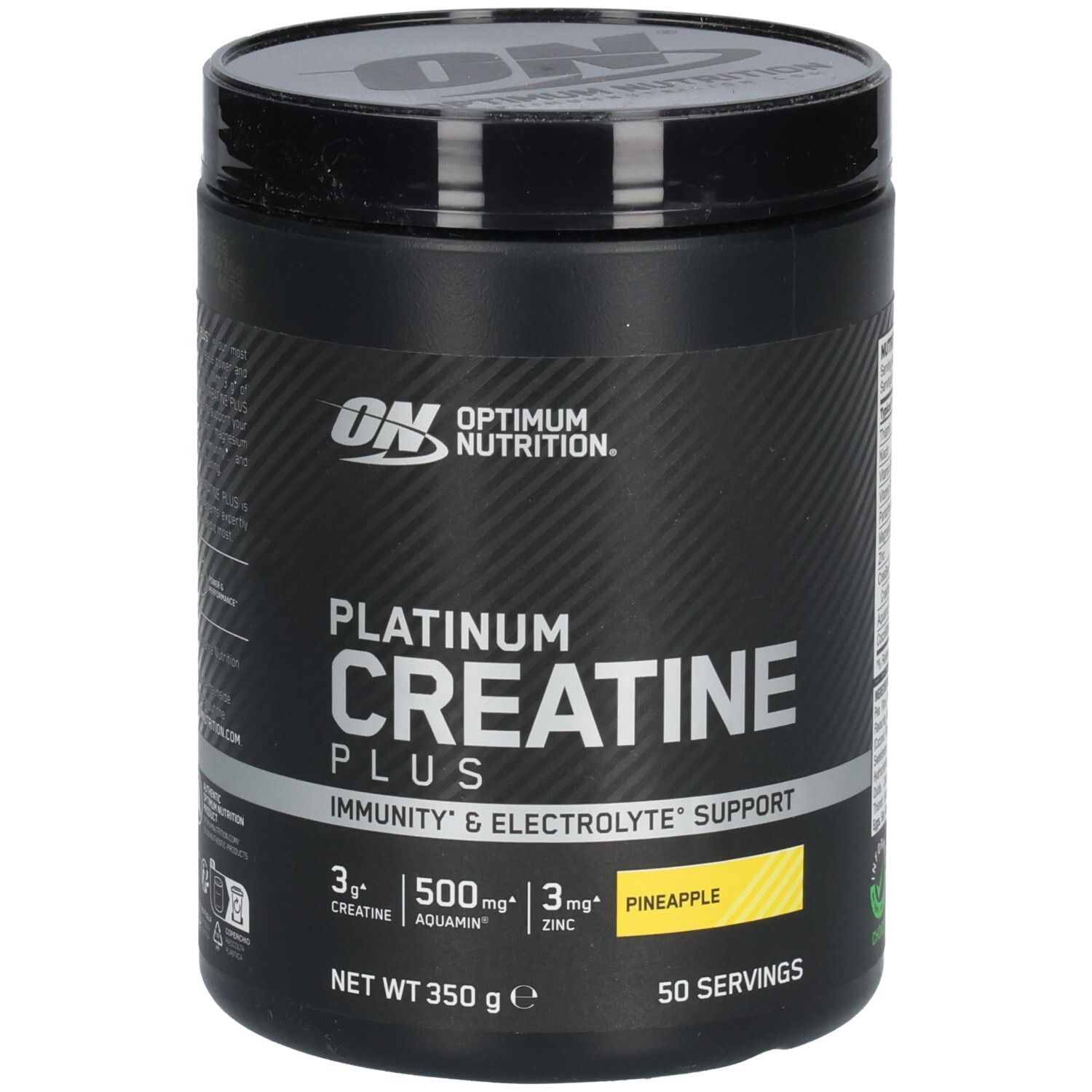 Pot noir avec couvercle. Inscription: Platinum Creatine Plus, Optimum Nutrition. Jaune: Pineapple. 50 portions.