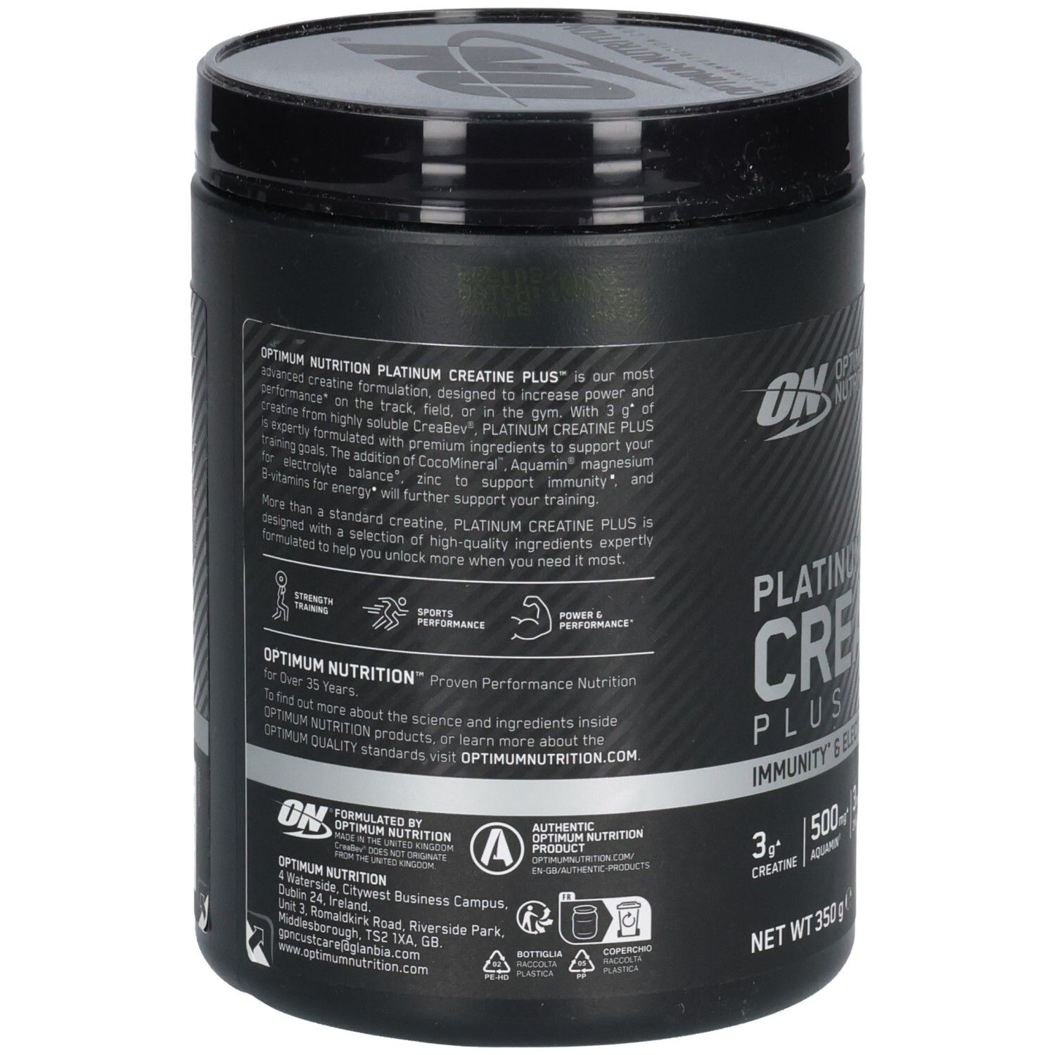 Pot noir, dos. Texte: Optimum Nutrition, Platinum Creatine Plus. Informations sur les ingrédients et l'utilisation.