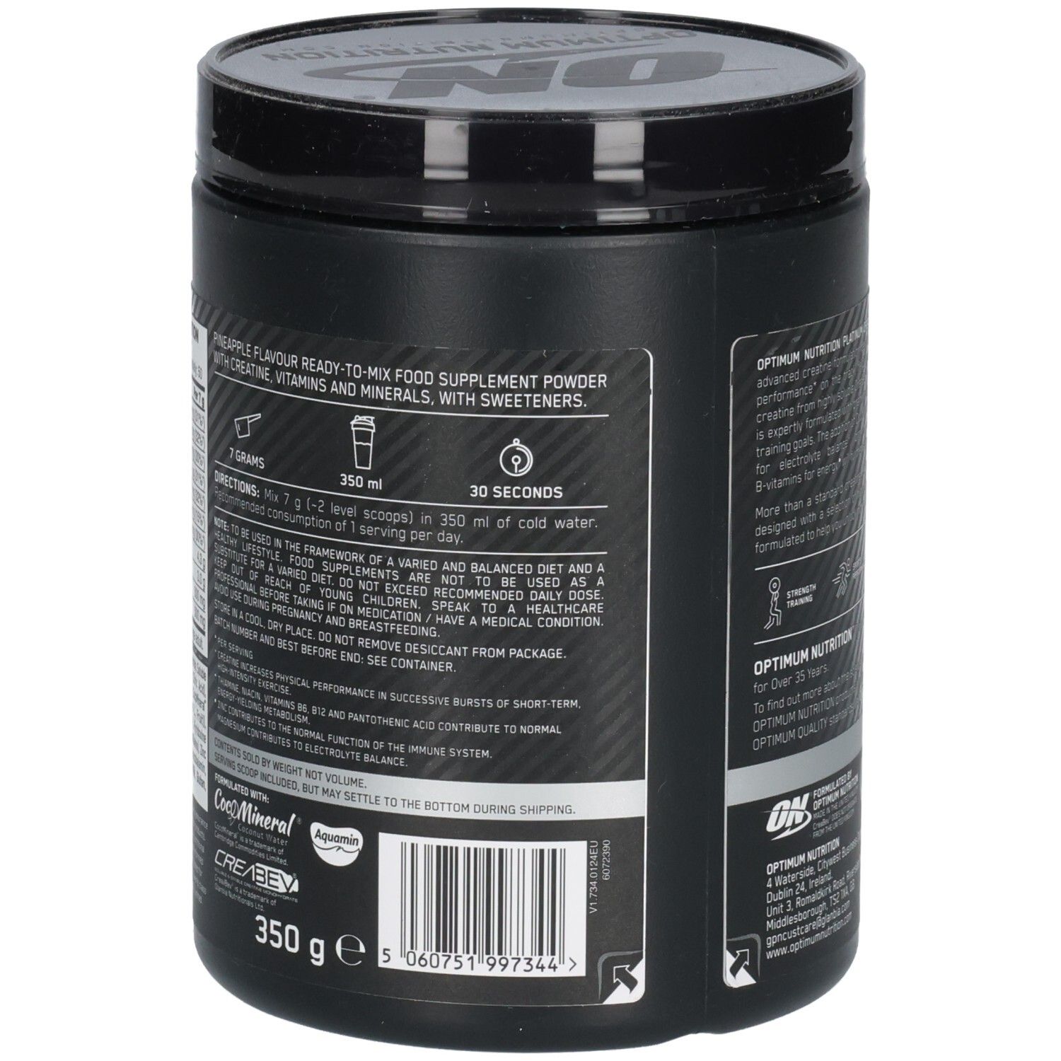 Pot noir, dos. Texte: Instructions de préparation, ingrédients. 350 ml d'eau froide, secouer 30 secondes.