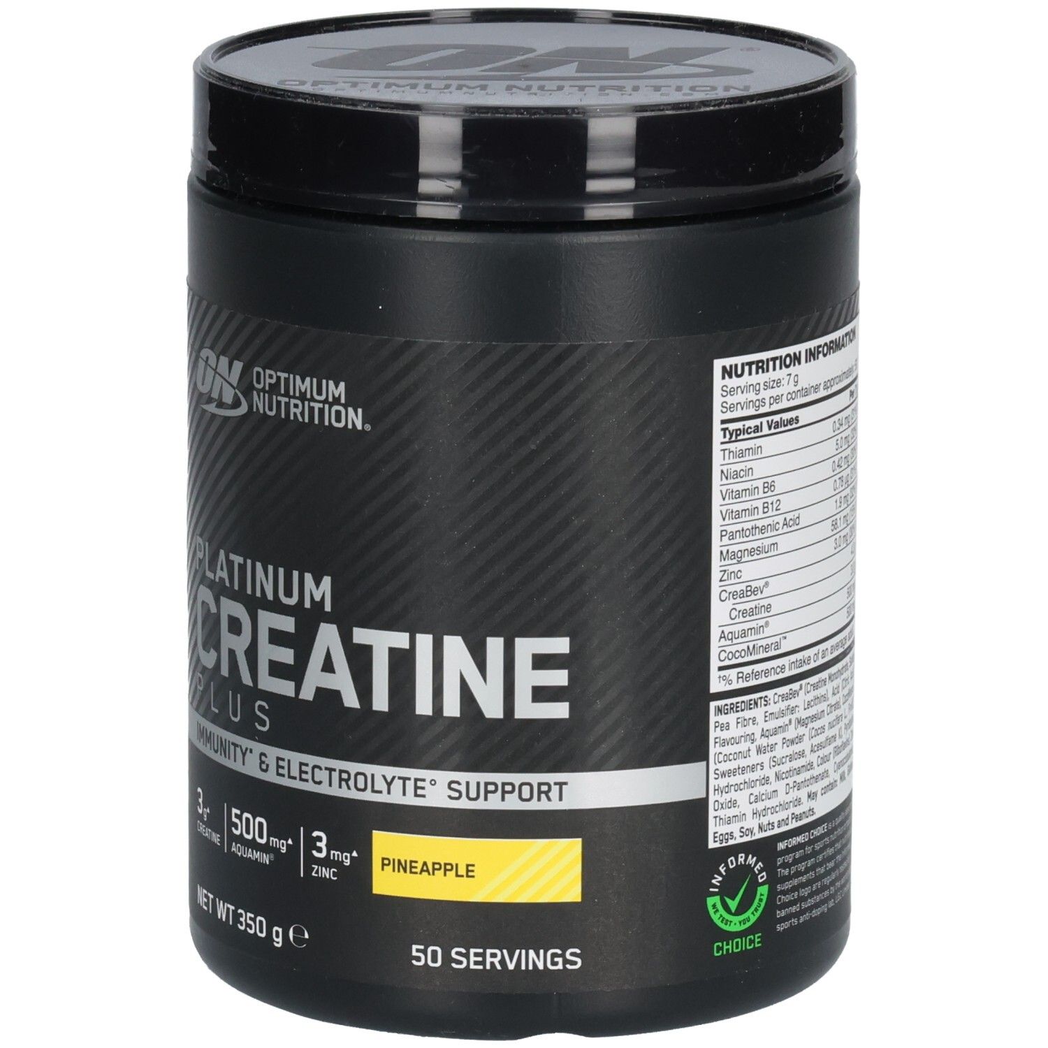 Pot noir avec couvercle. Inscription: Platinum Creatine Plus, Optimum Nutrition. Jaune: Pineapple. 50 portions. Valeurs nutritionnelles.