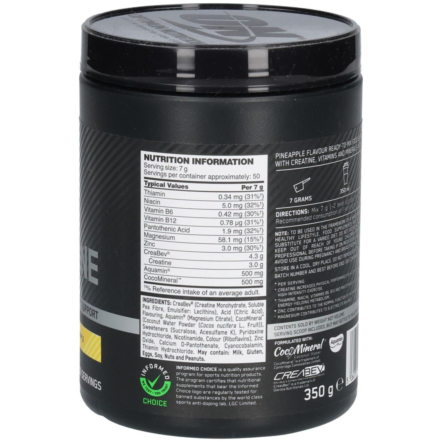Pot noir, dos. Valeurs nutritionnelles, ingrédients. Texte: Pineapple flavour ready-to-mix food supplement powder.