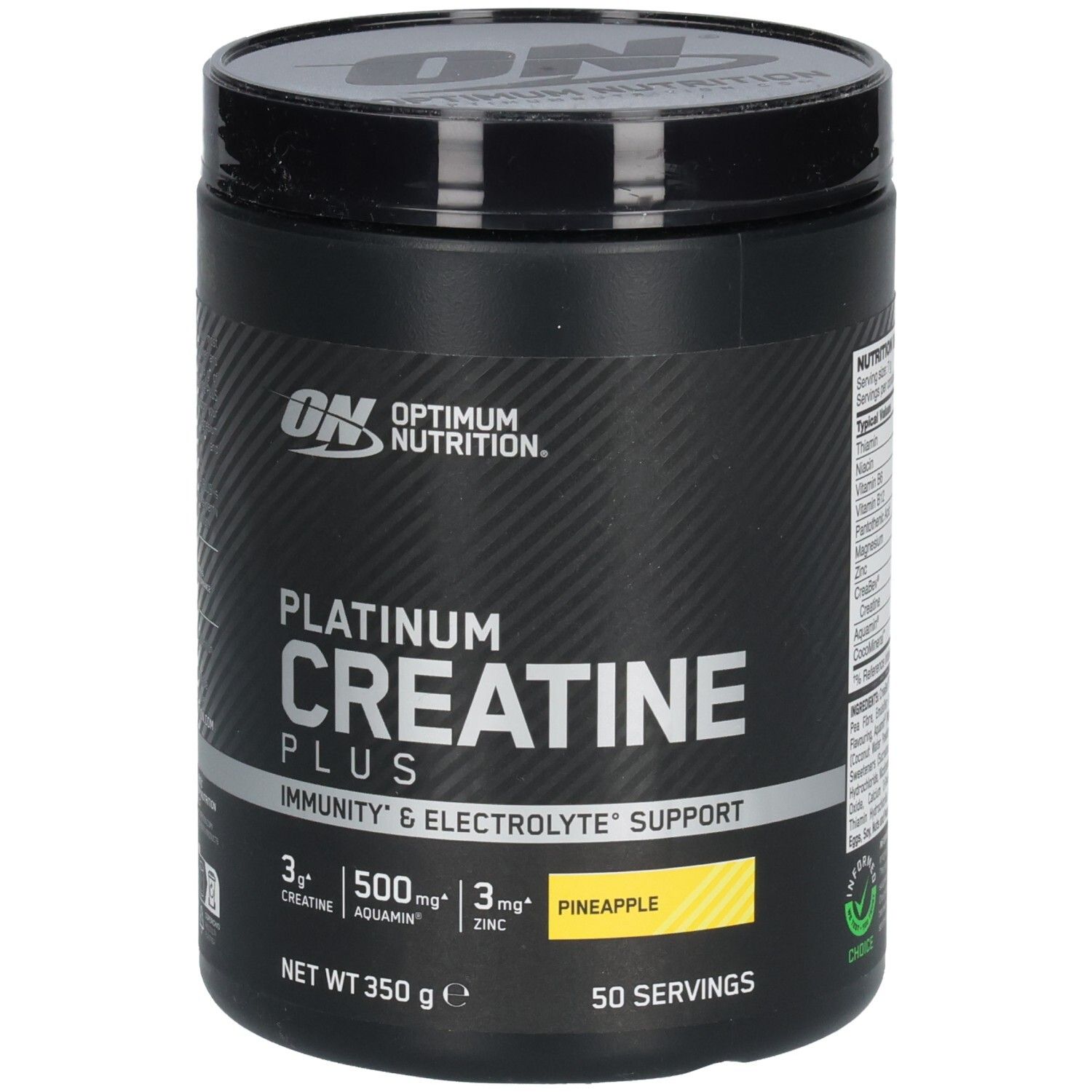 Pot noir avec couvercle. Inscription: Platinum Creatine Plus, Optimum Nutrition. Jaune: Pineapple. 50 portions.