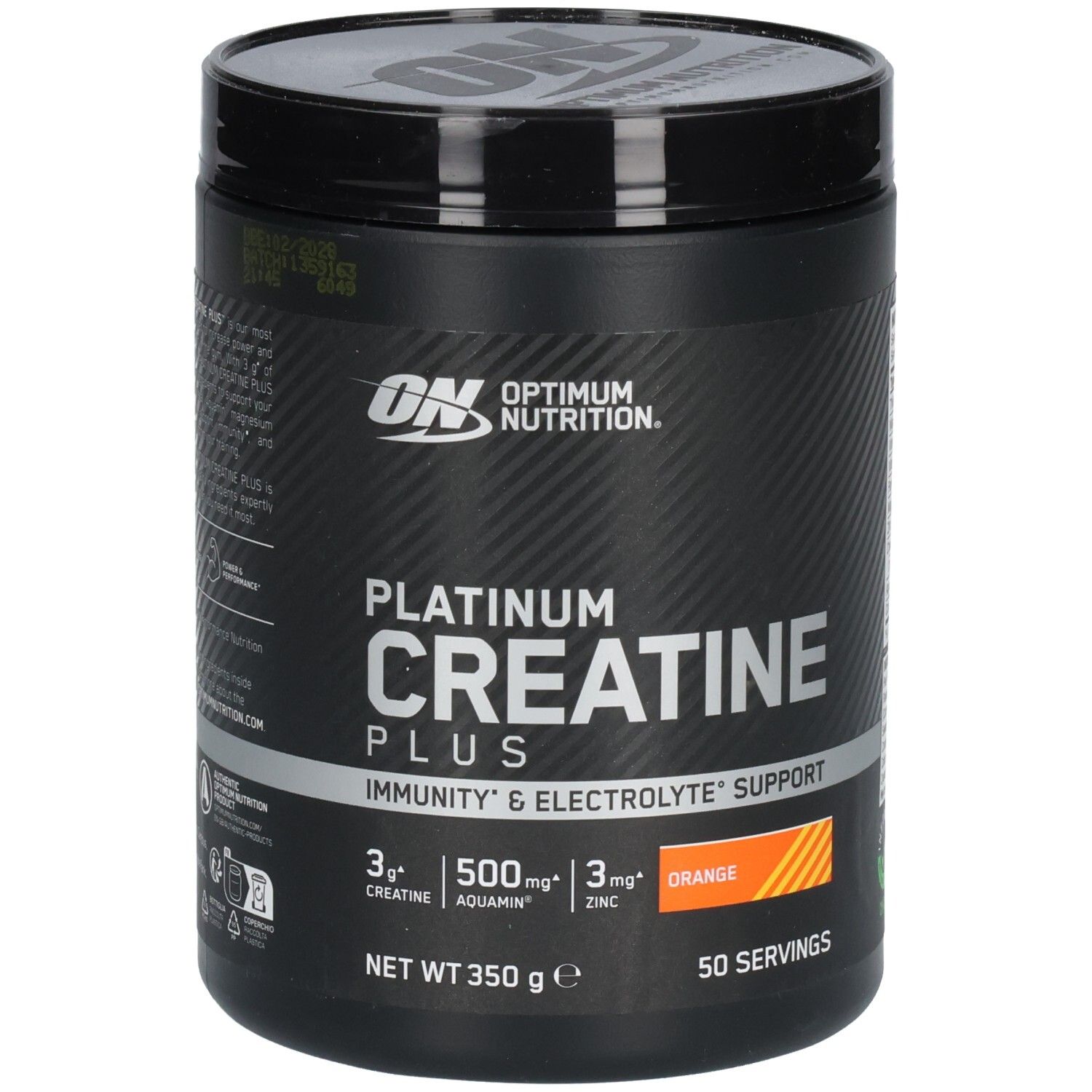 Pot noir "Optimum Nutrition Platinum Creatine Plus". Zone orange. 50 portions. Contient 3g de créatine.