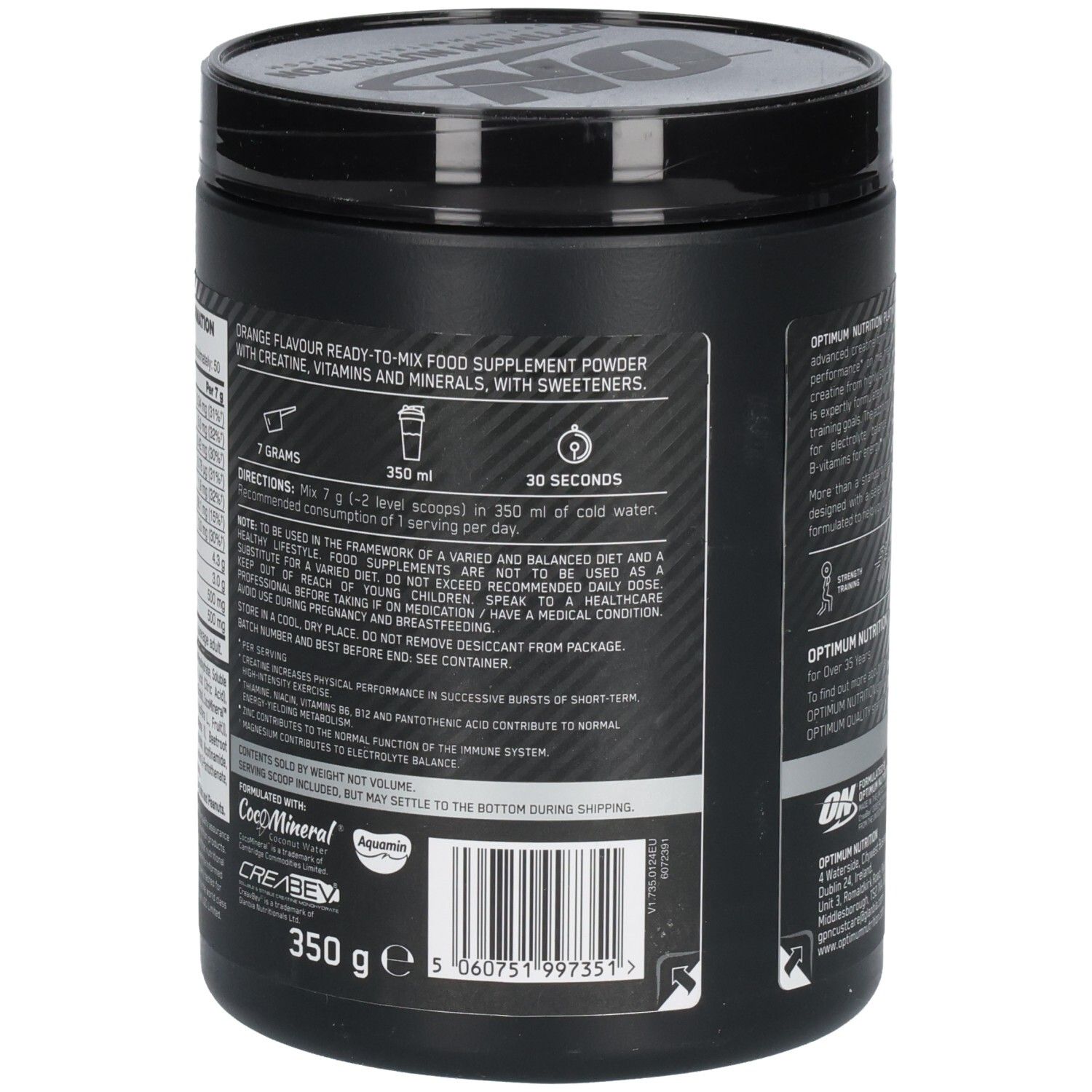 Dos du pot noir. Informations textuelles, y compris les instructions et les ingrédients.