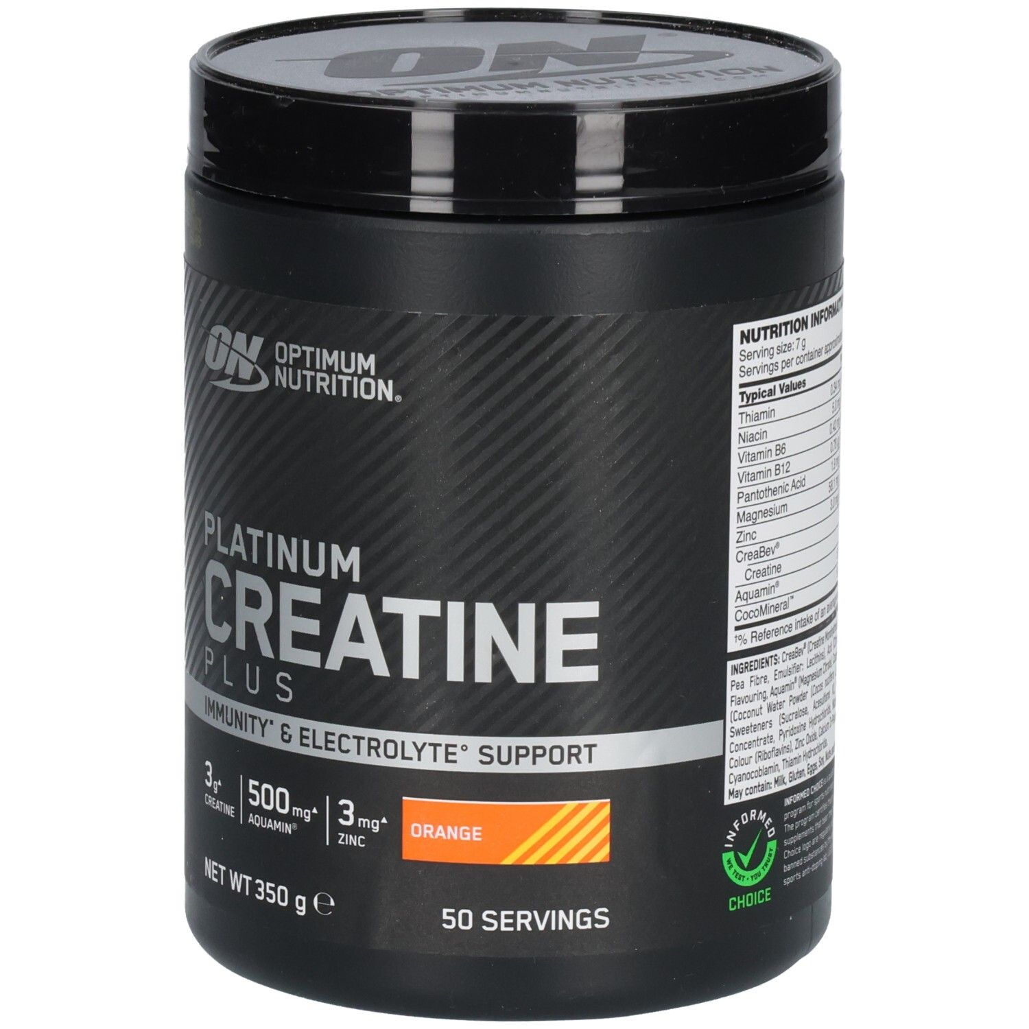 Pot noir "Optimum Nutrition Platinum Creatine Plus". Zone orange. 50 portions. Contient 3g de créatine.