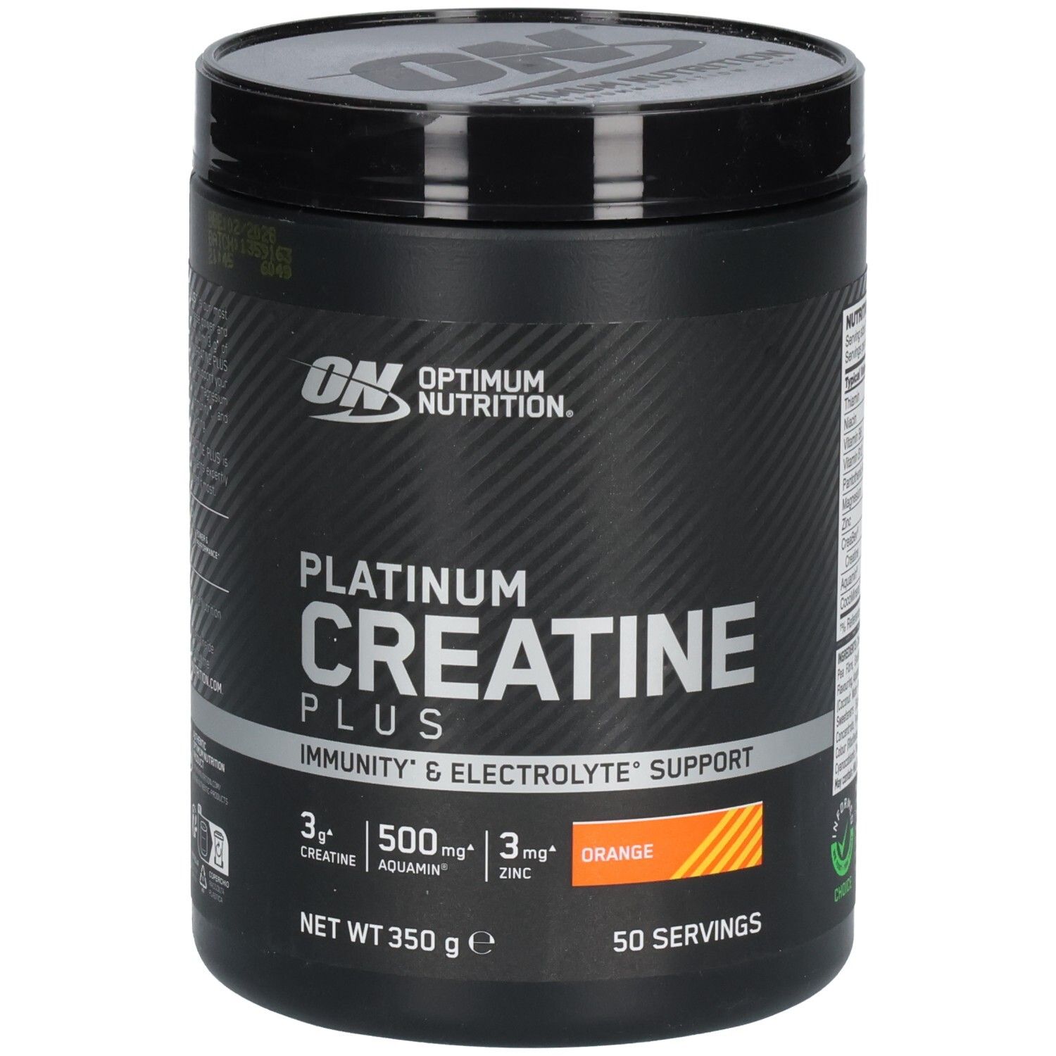 Pot noir "Optimum Nutrition Platinum Creatine Plus". Zone orange. 50 portions. Contient 3g de créatine.