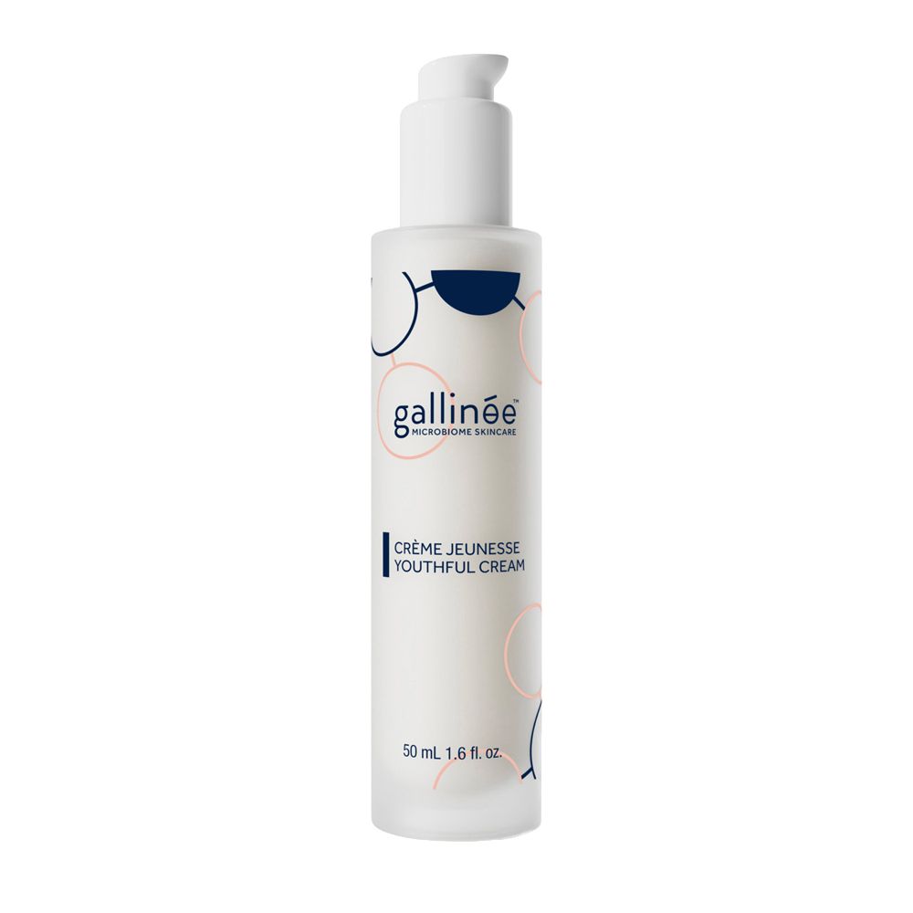 Flacon blanc avec pompe. Inscription : gallinée, Crème Jeunesse Youthful Cream. 50 ml.