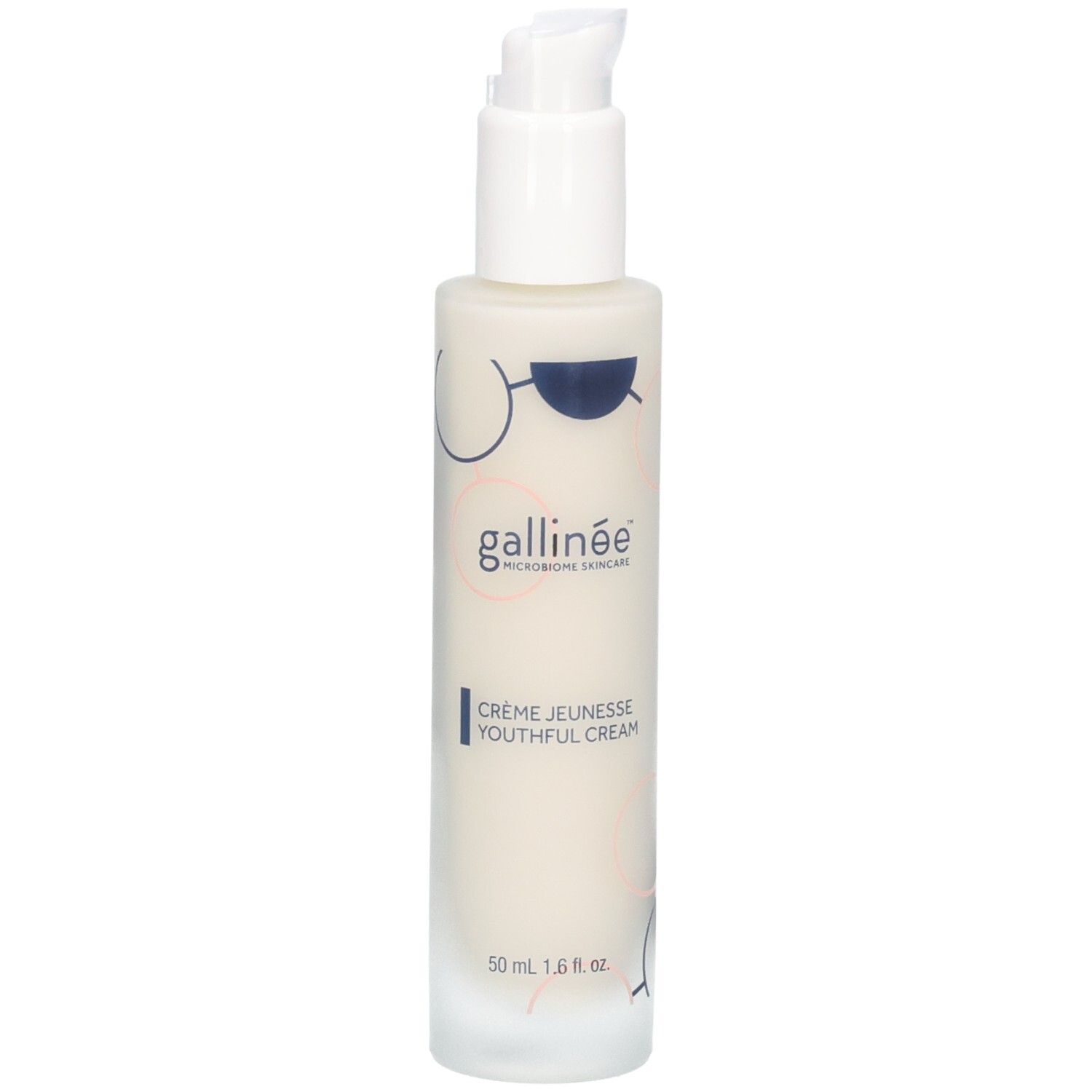 Flacon blanc avec pompe. Inscription : gallinée, Crème Jeunesse Youthful Cream. 50 ml.