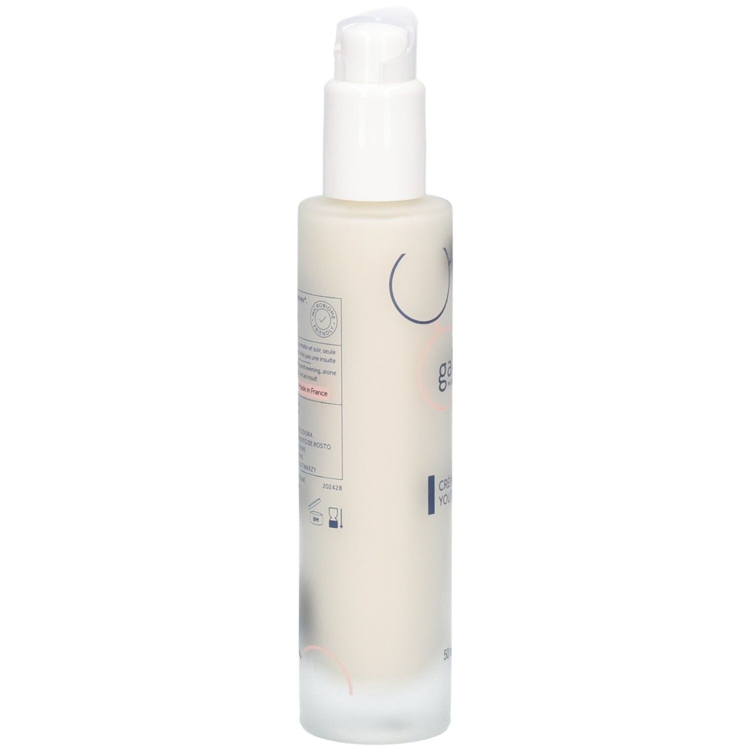 Dos du flacon. Texte et logos. Inscription : Crème Jeunesse Youthful Cream.