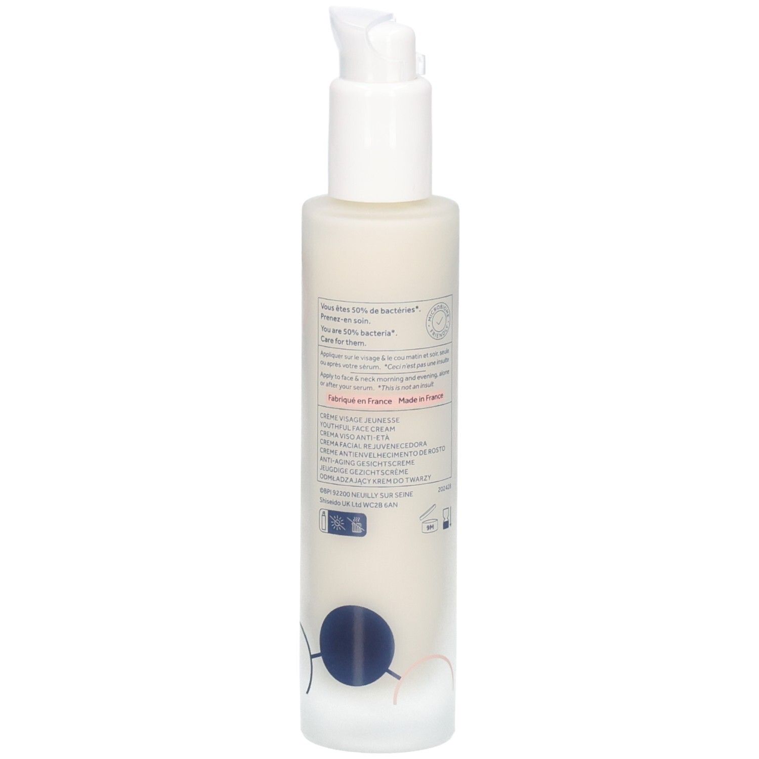Dos du flacon. Texte et logos. Inscription : Crème Jeunesse Youthful Cream.