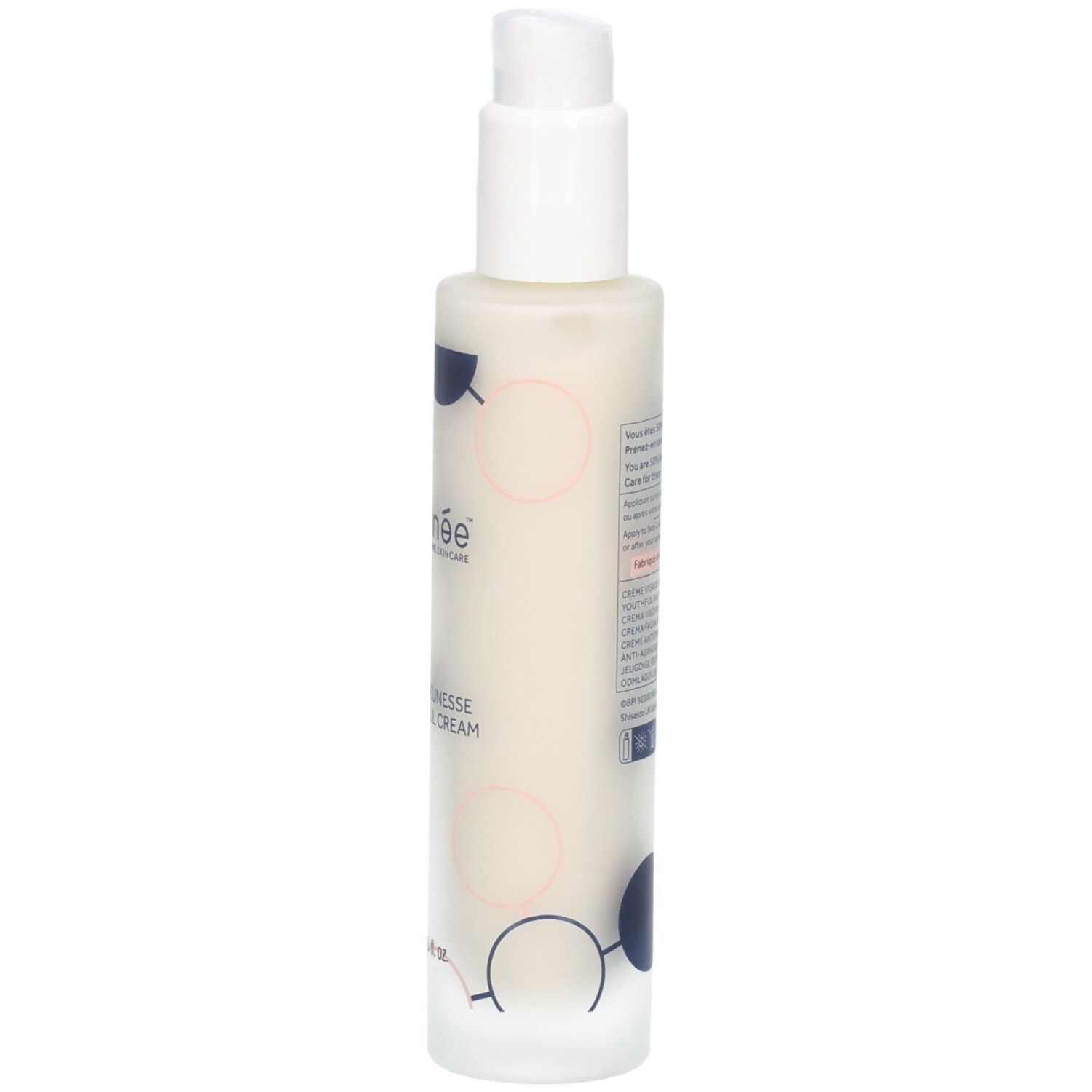 Flacon blanc avec pompe. Inscription : gallinée, Crème Jeunesse Youthful Cream. 50 ml.