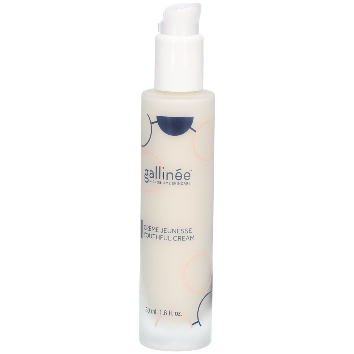 Flacon blanc avec pompe. Inscription : gallinée, Crème Jeunesse Youthful Cream. 50 ml.